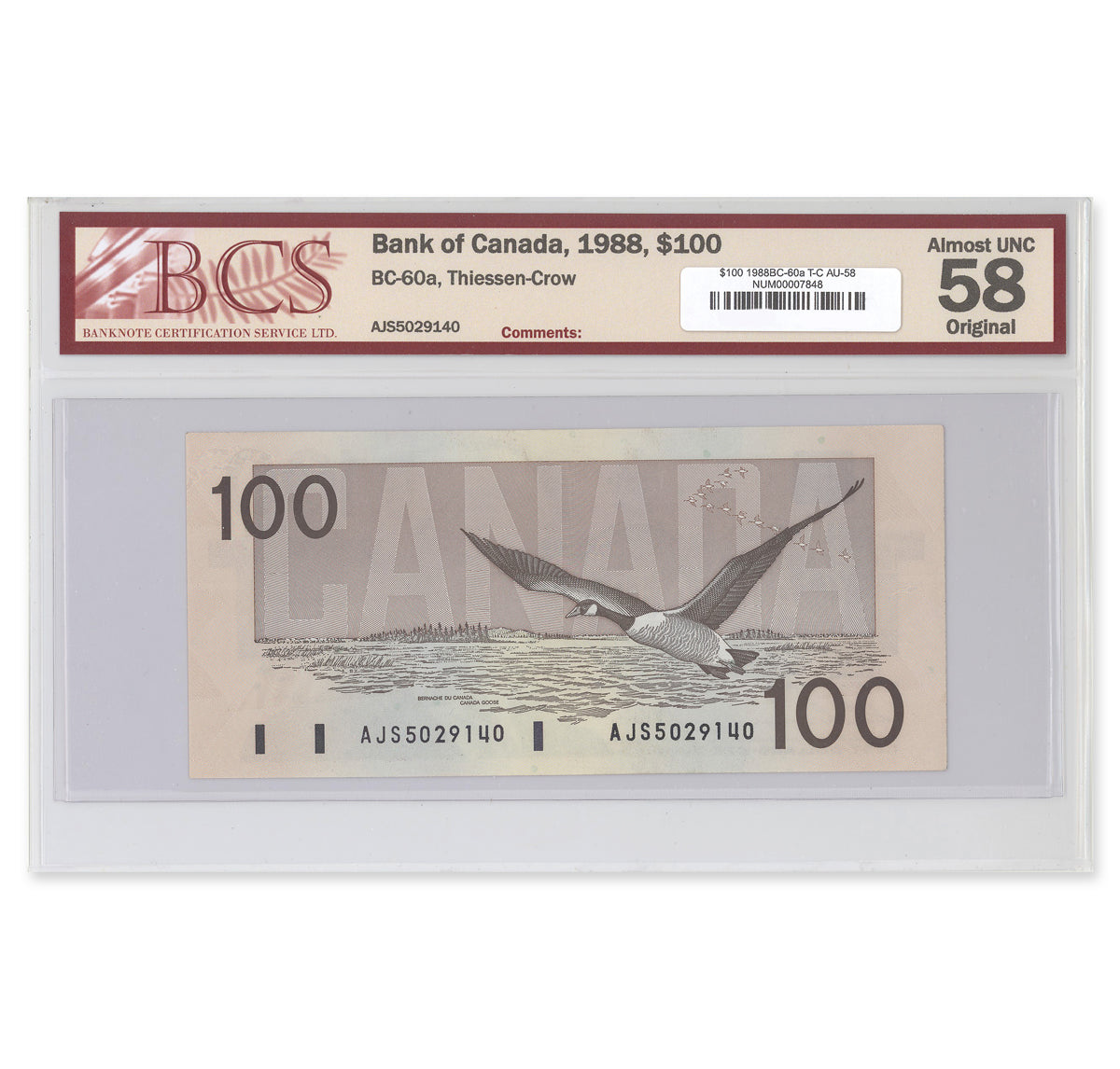 $100 1988 BC-60a Thiessen-Crow Prefix AJS BCS AU-58