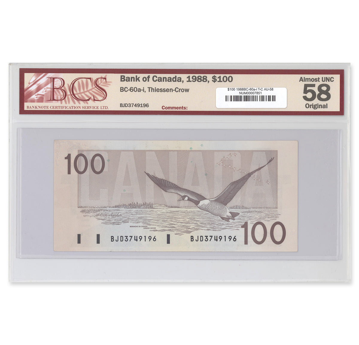 $100 1988 BC-60a-i Thiessen-Crow Prefix BJD BCS AU-58