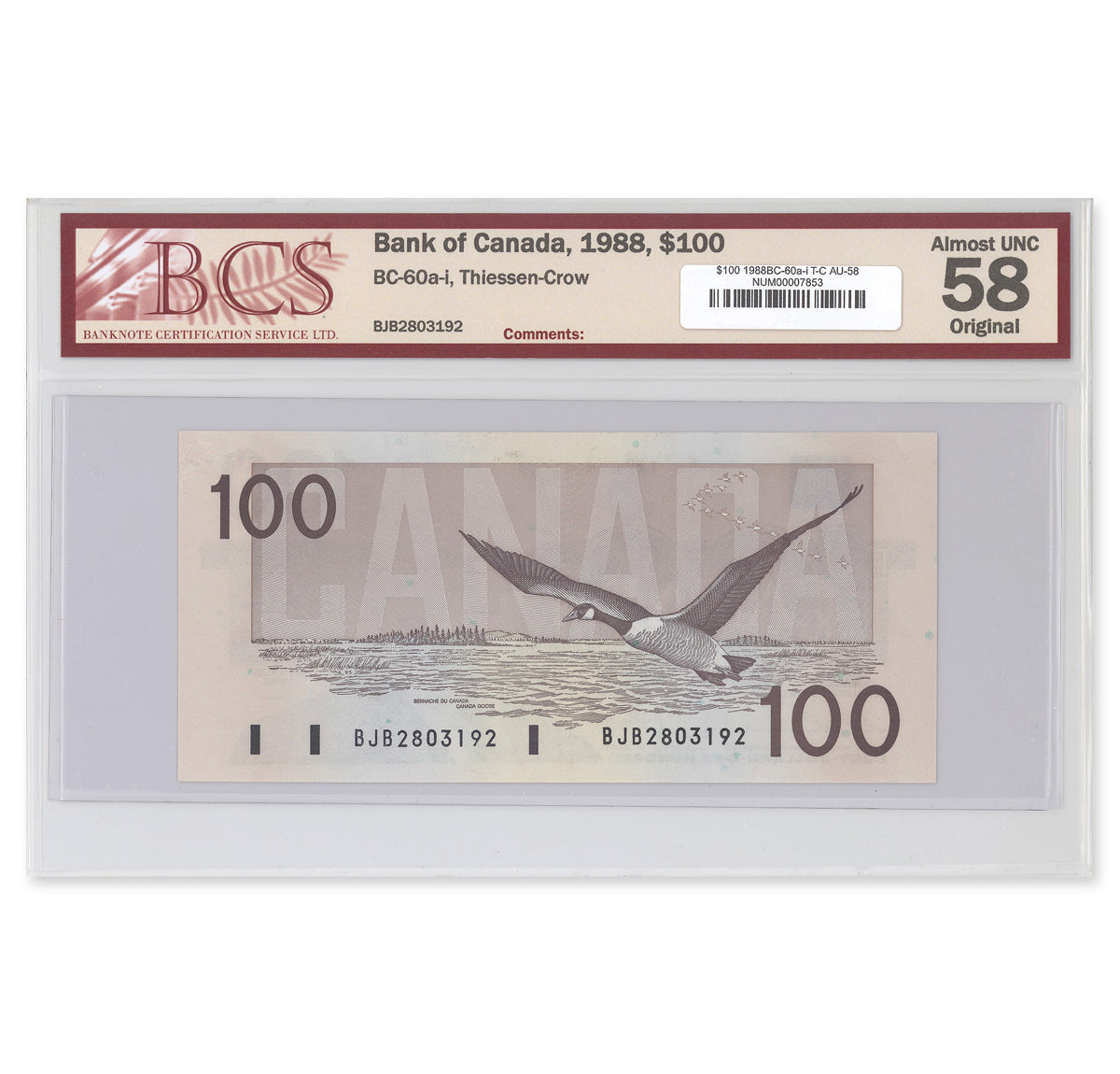 $100 1988 BC-60a-i Thiessen-Crow Prefix BJB BCS AU-58