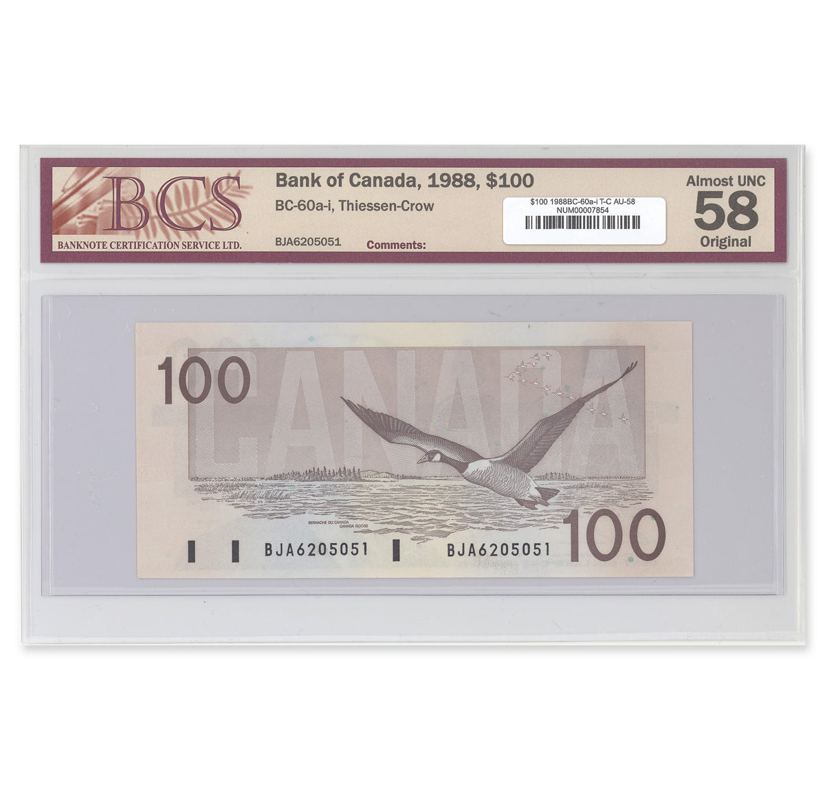 $100 1988 BC-60a-i Thiessen-Crow Prefix BJA BCS AU-58