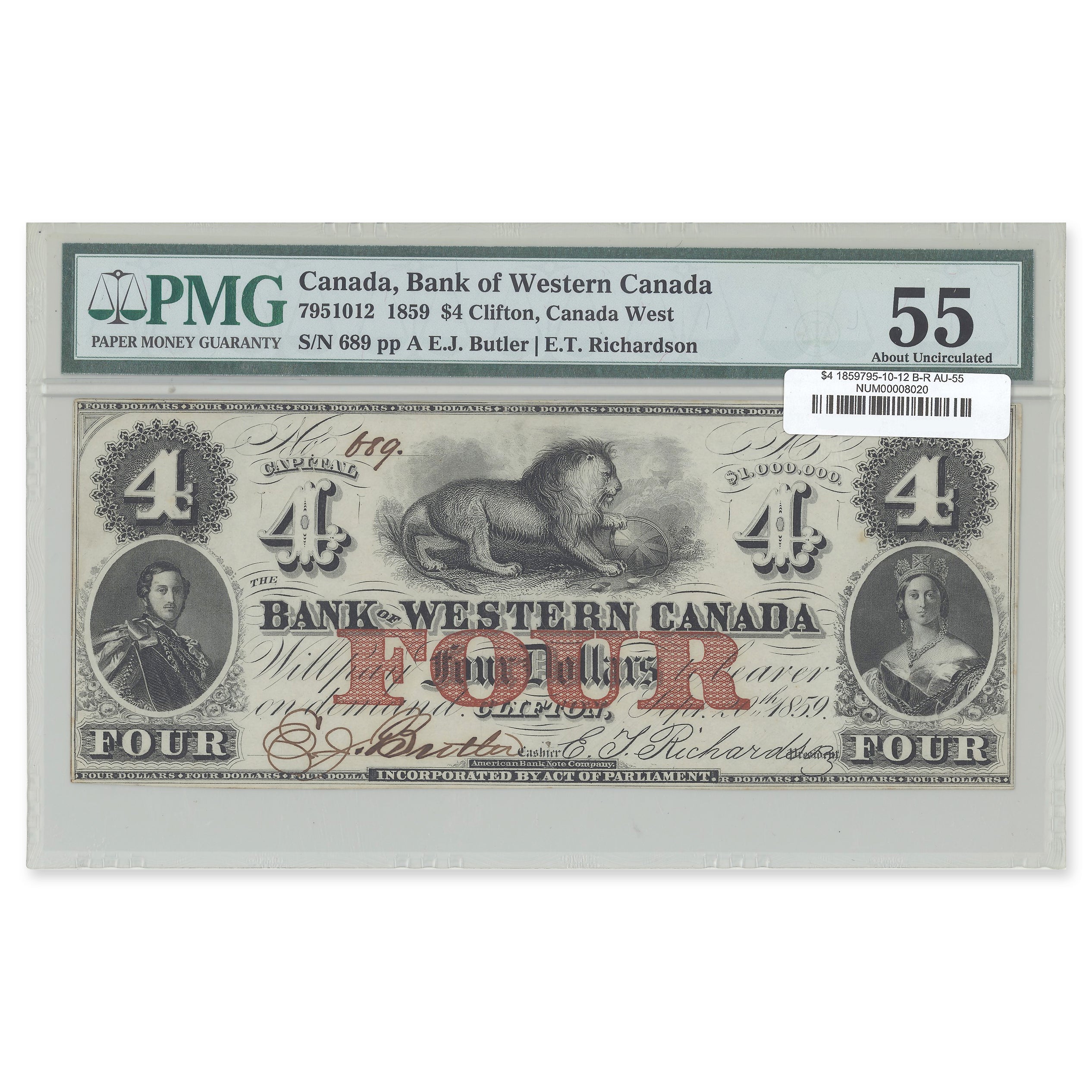 $4 1859 795-10-12 Bank of Western Canada Butler-Richardson PMG AU-55