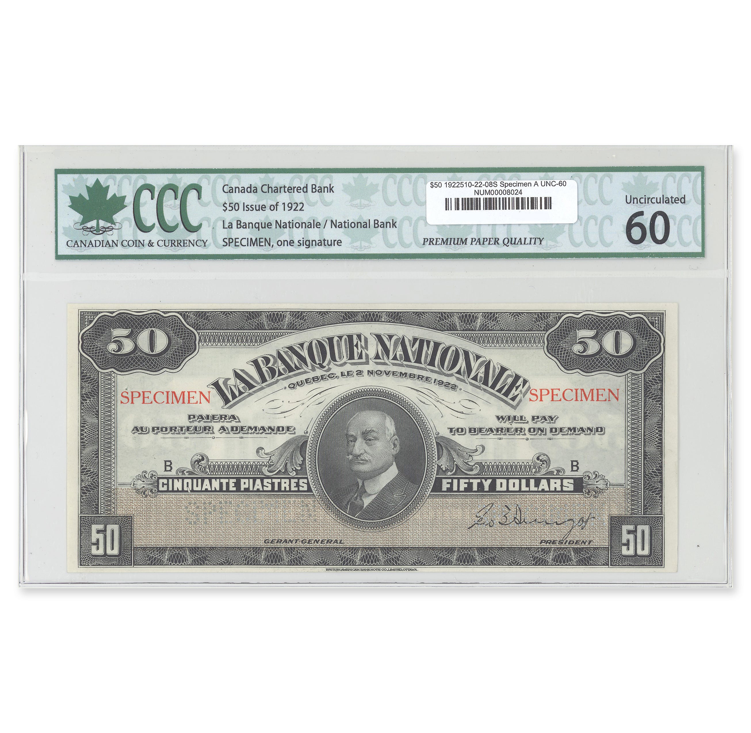 $50 1922 510-22-08S Specimen Specimen Le Banque Nationale CCC UNC-60