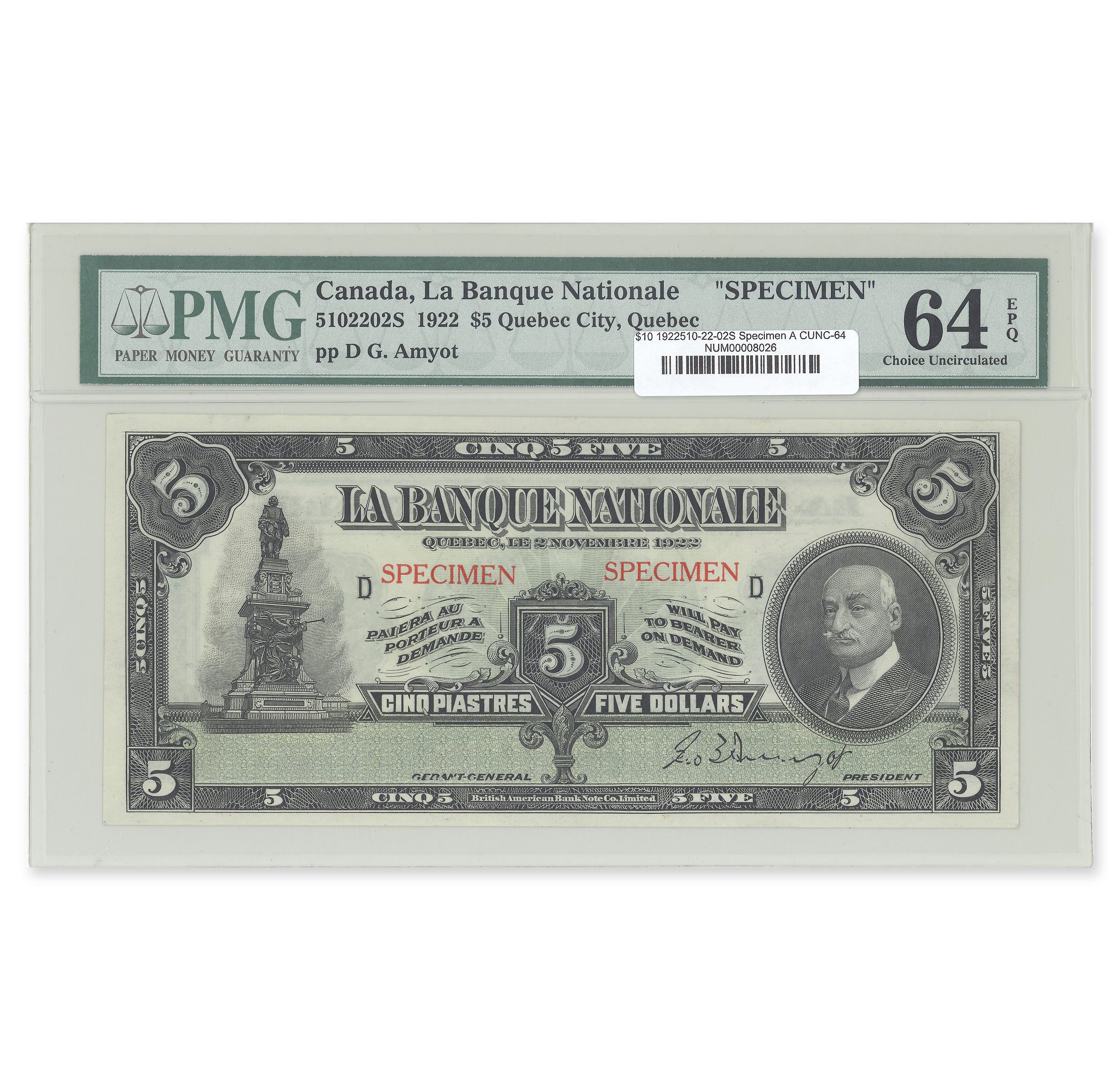 $10 1922 510-22-02S Specimen Specimen Le Banque Nationale PMG CUNC-64