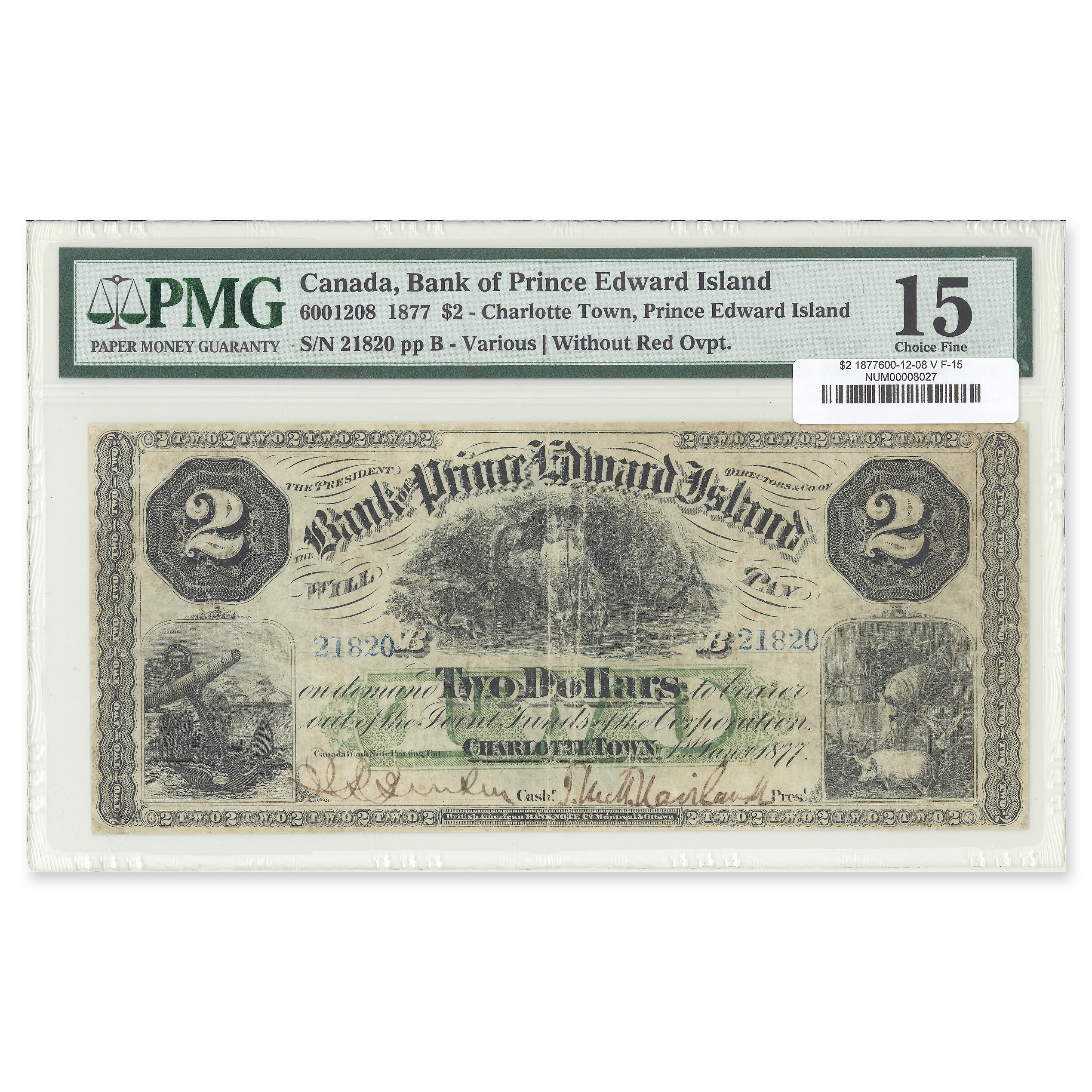 $2 1877 600-12-08 The Bank of Prince Edward Island Prefix B PMG F-15