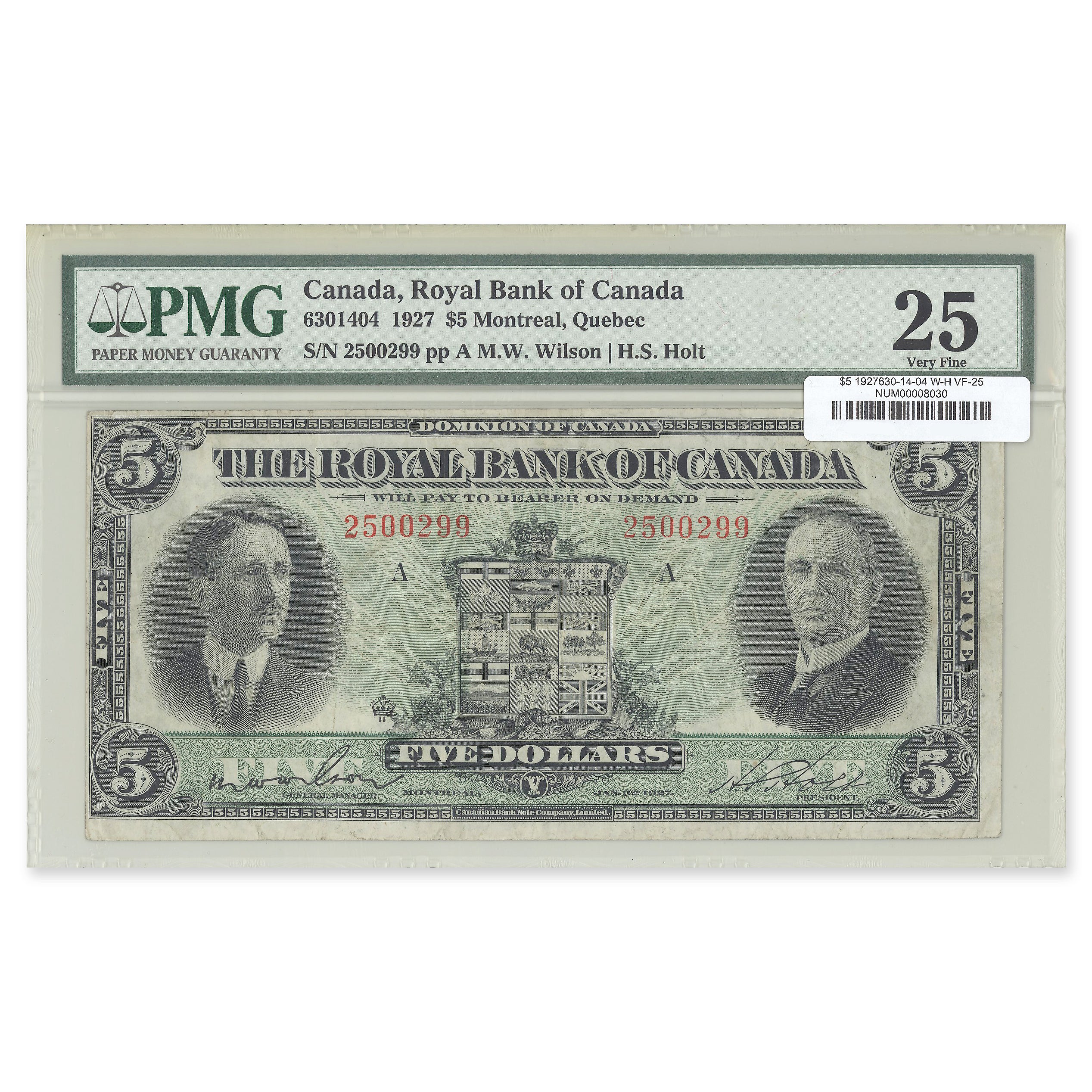 $5 1927 630-14-04 Royal Bank of Canada Wilson-Holt PMG VF-25