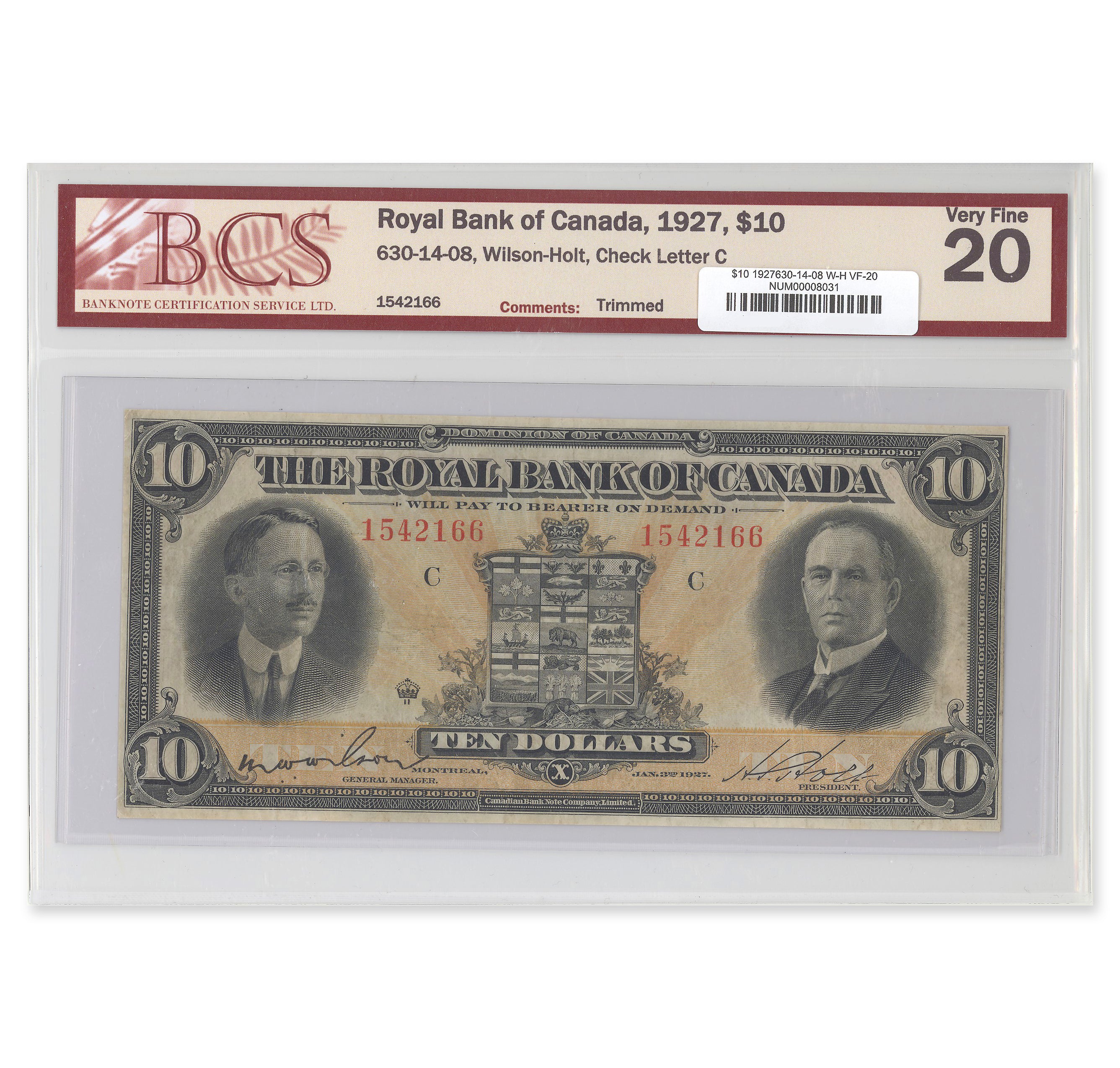 $10 1927 630-14-08 Royal Bank of Canada Wilson-Holt BCS VF-20