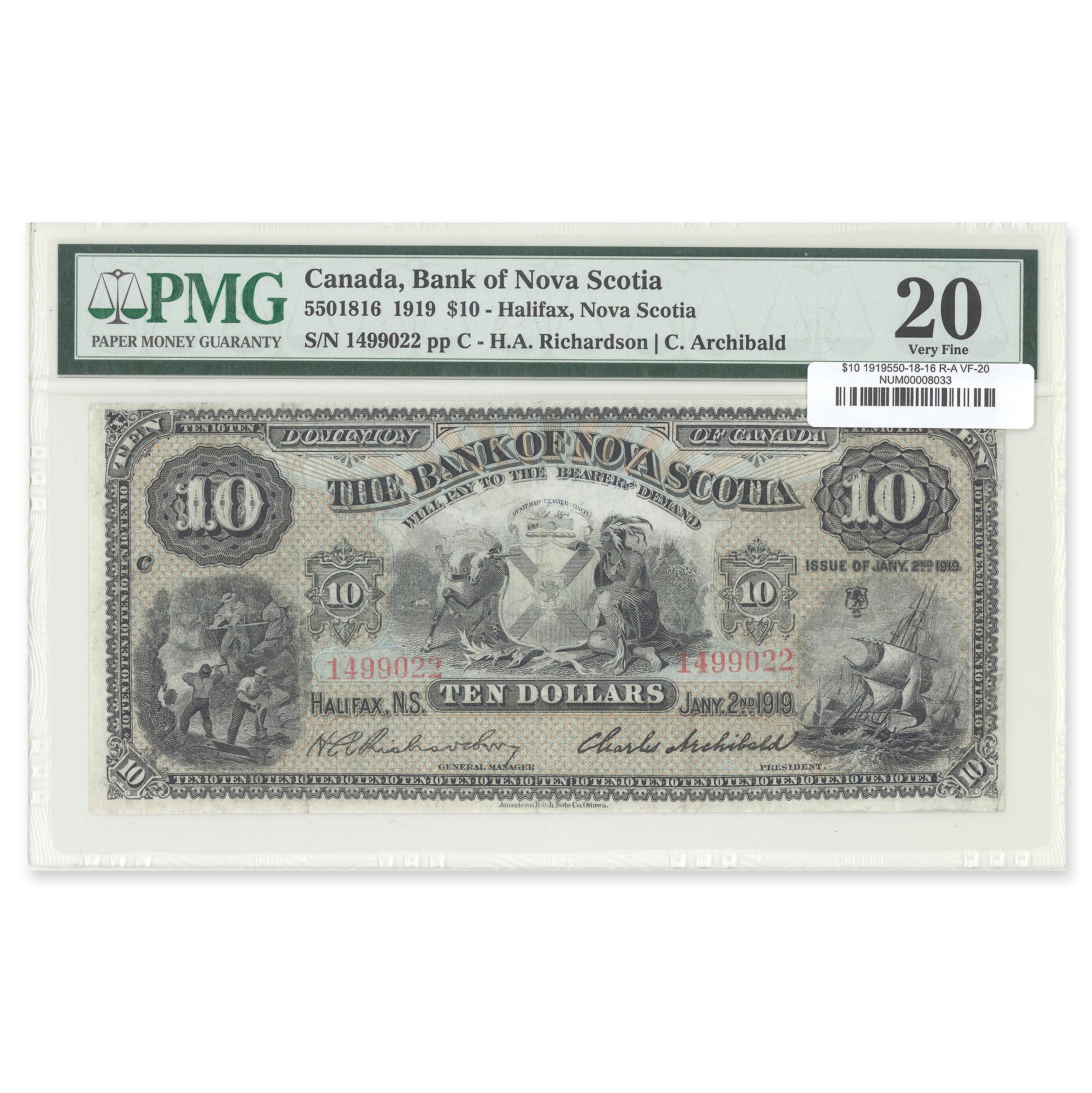 $10 1919 550-18-16 Bank of Nova Scotia Richardson-Archibald PMG VF-20