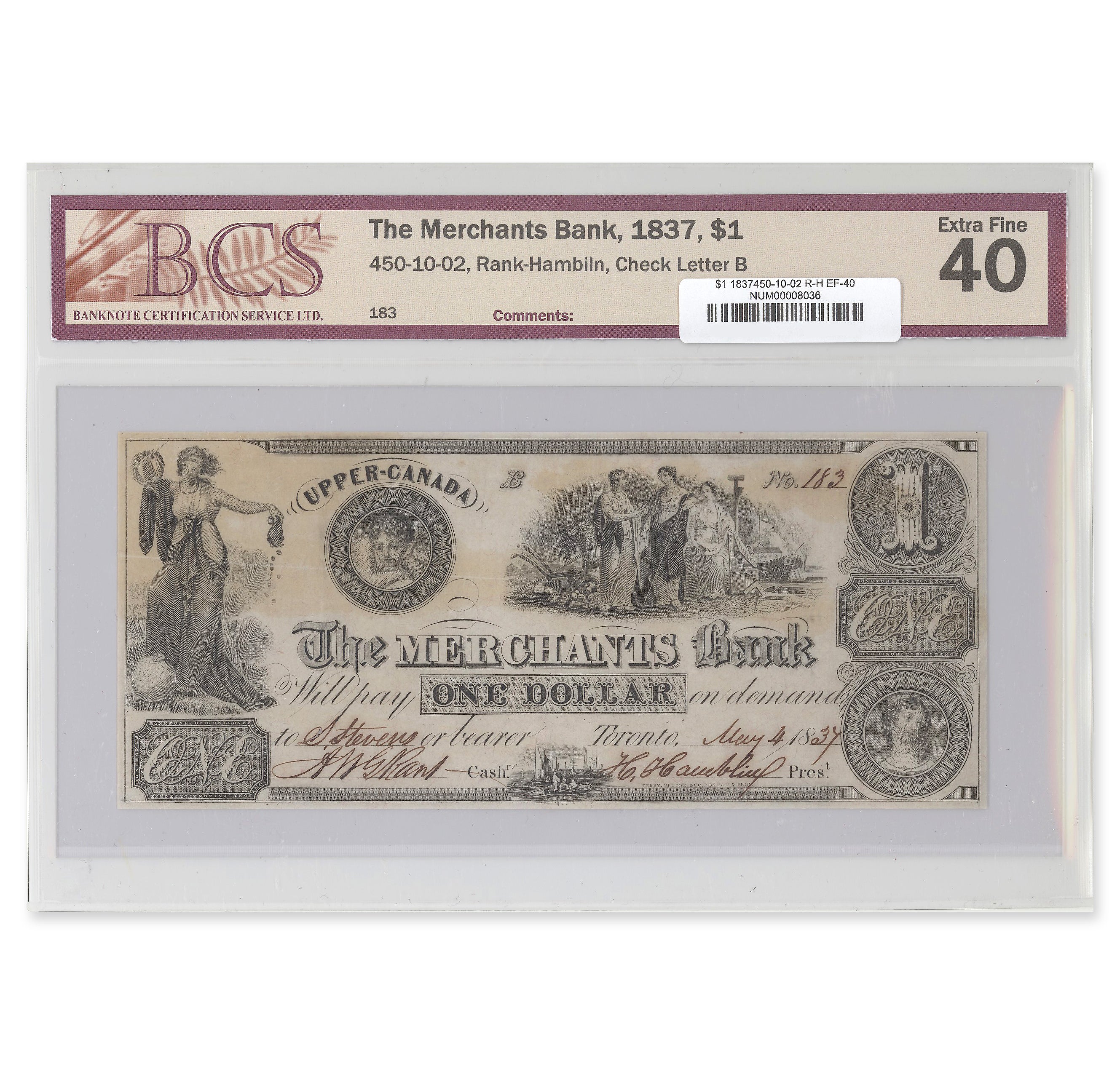 $1 1837 450-10-02 The Merchant's Bank Rank-Hambiln BCS EF-40