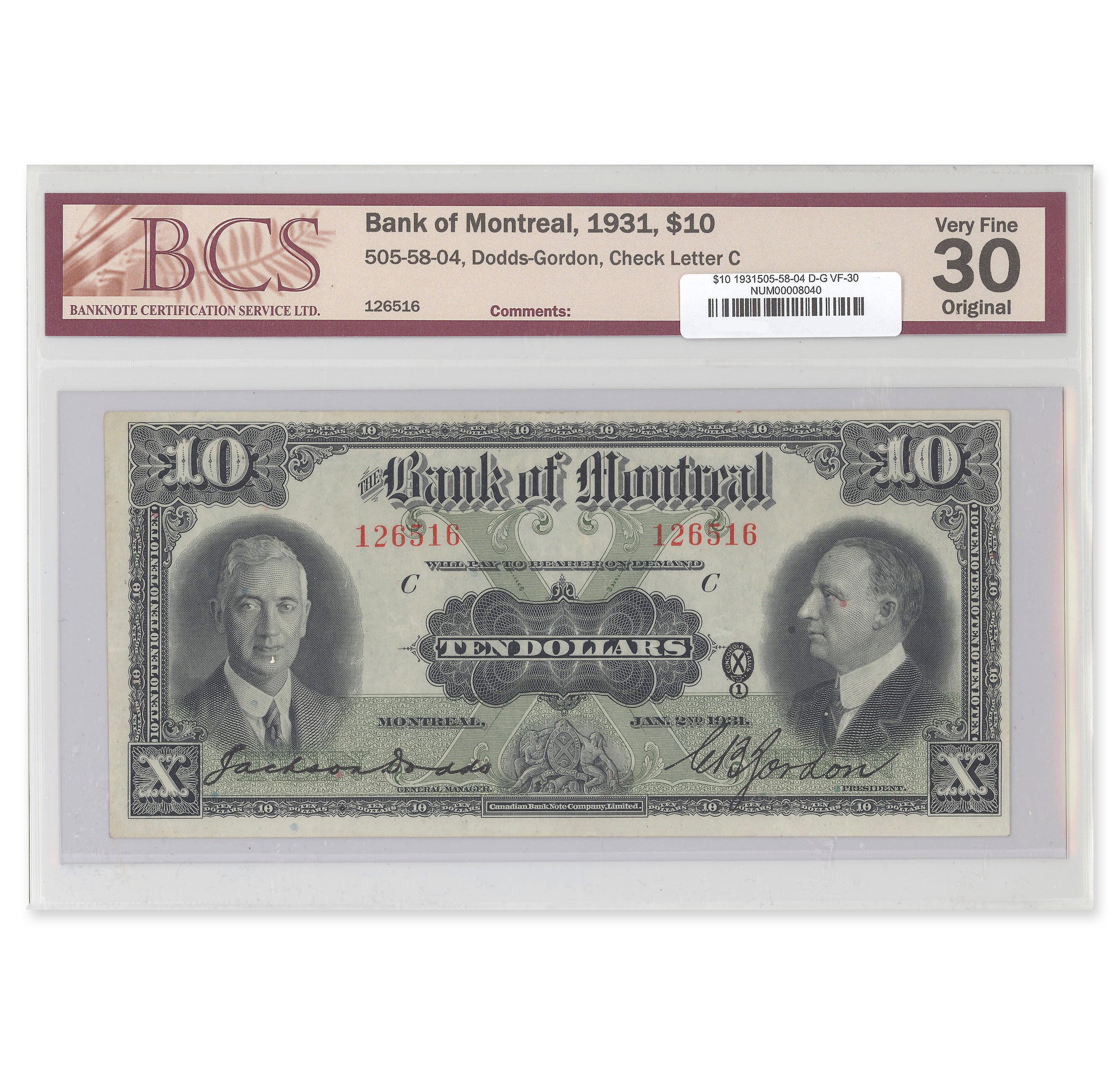 $10 1931 505-58-04 The Bank of Montreal Dodds-Gordon BCS VF-30