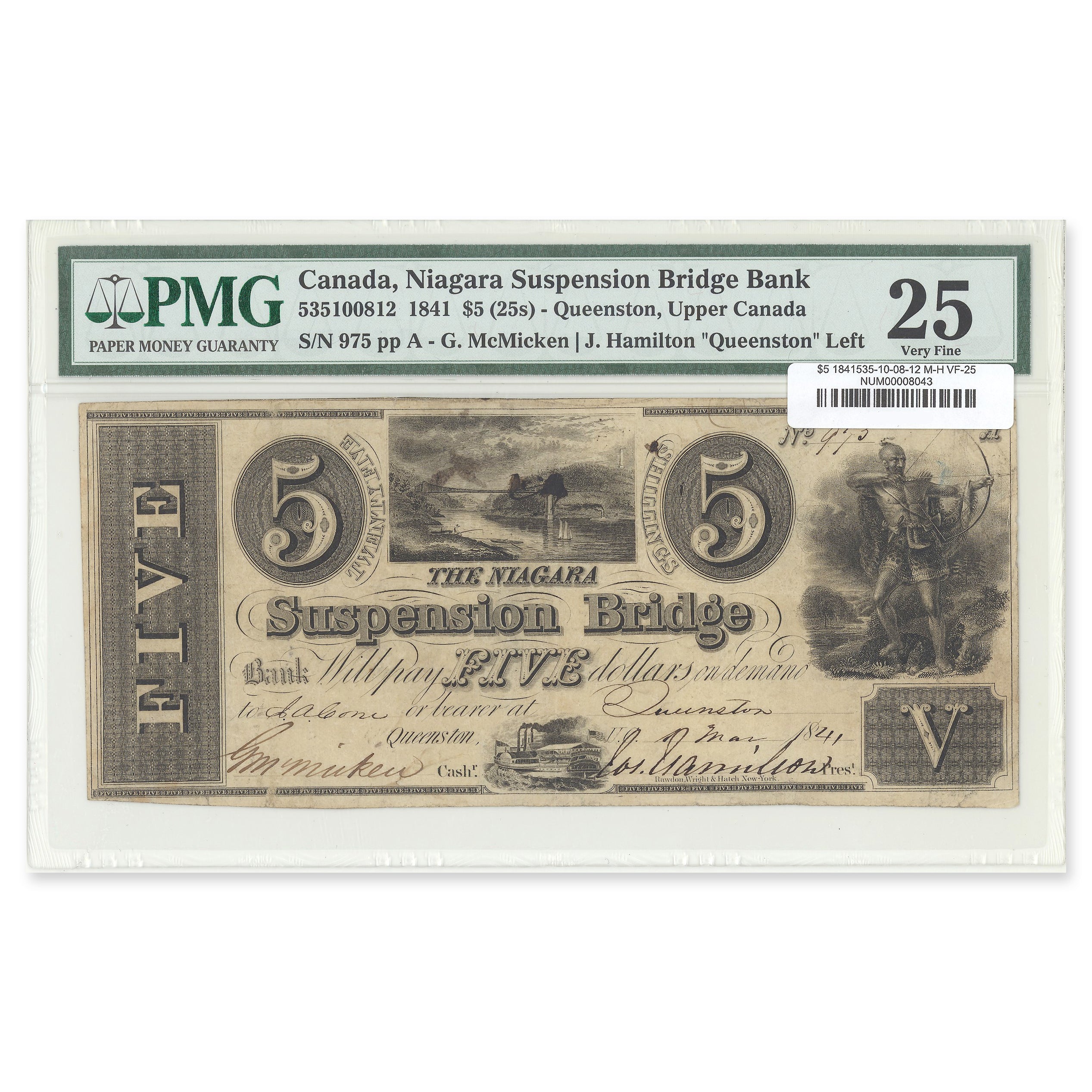 $5 1841 535-10-08-12 Niagara Suspension Bridge Bank McMicken-Hamilton PMG VF-25
