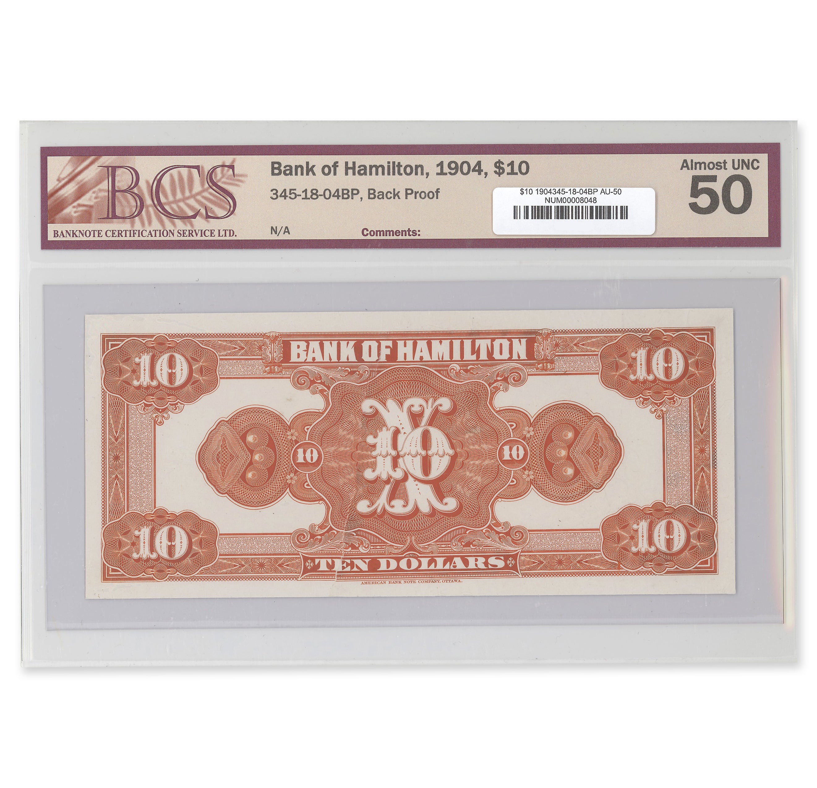 $10 1904 345-18-04BP The Hamilton Bank BCS AU-50