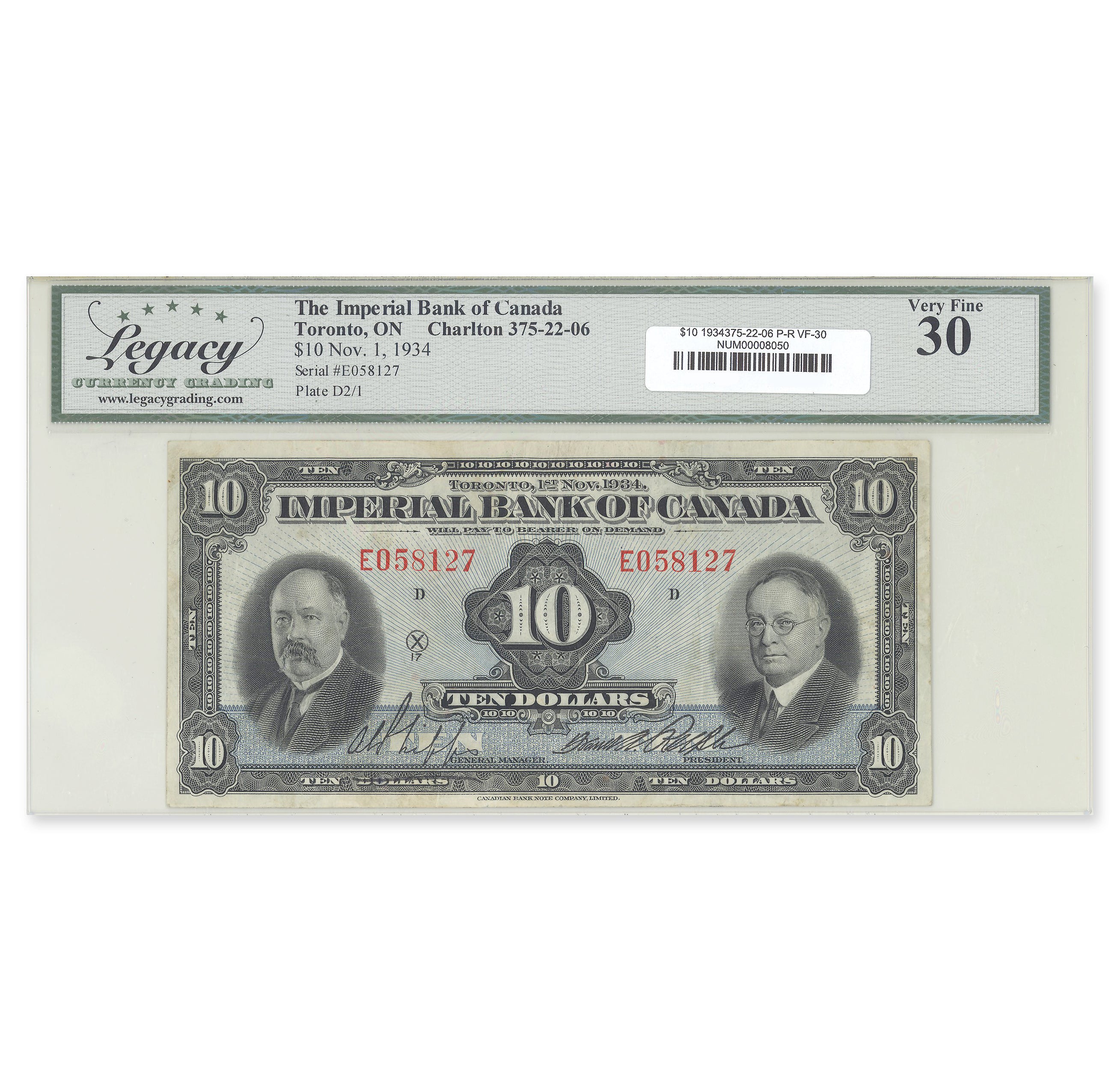 $10 1934 375-22-06 Imperial Bank of Canada Phipps-Rolph Prefix E Legacy VF-30
