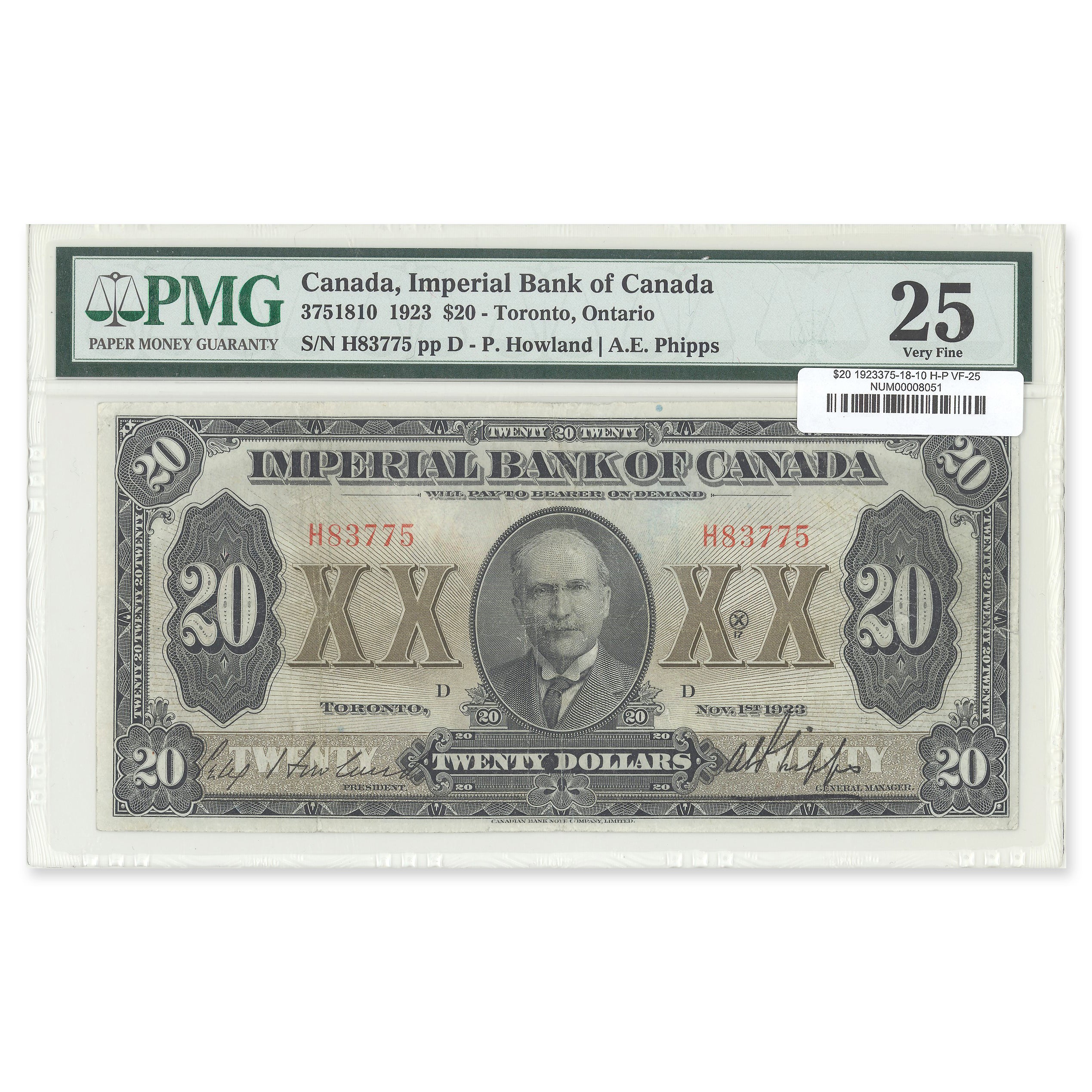 $20 1923 375-18-10 Imperial Bank of Canada Howland-Phipps Prefix H PMG VF-25
