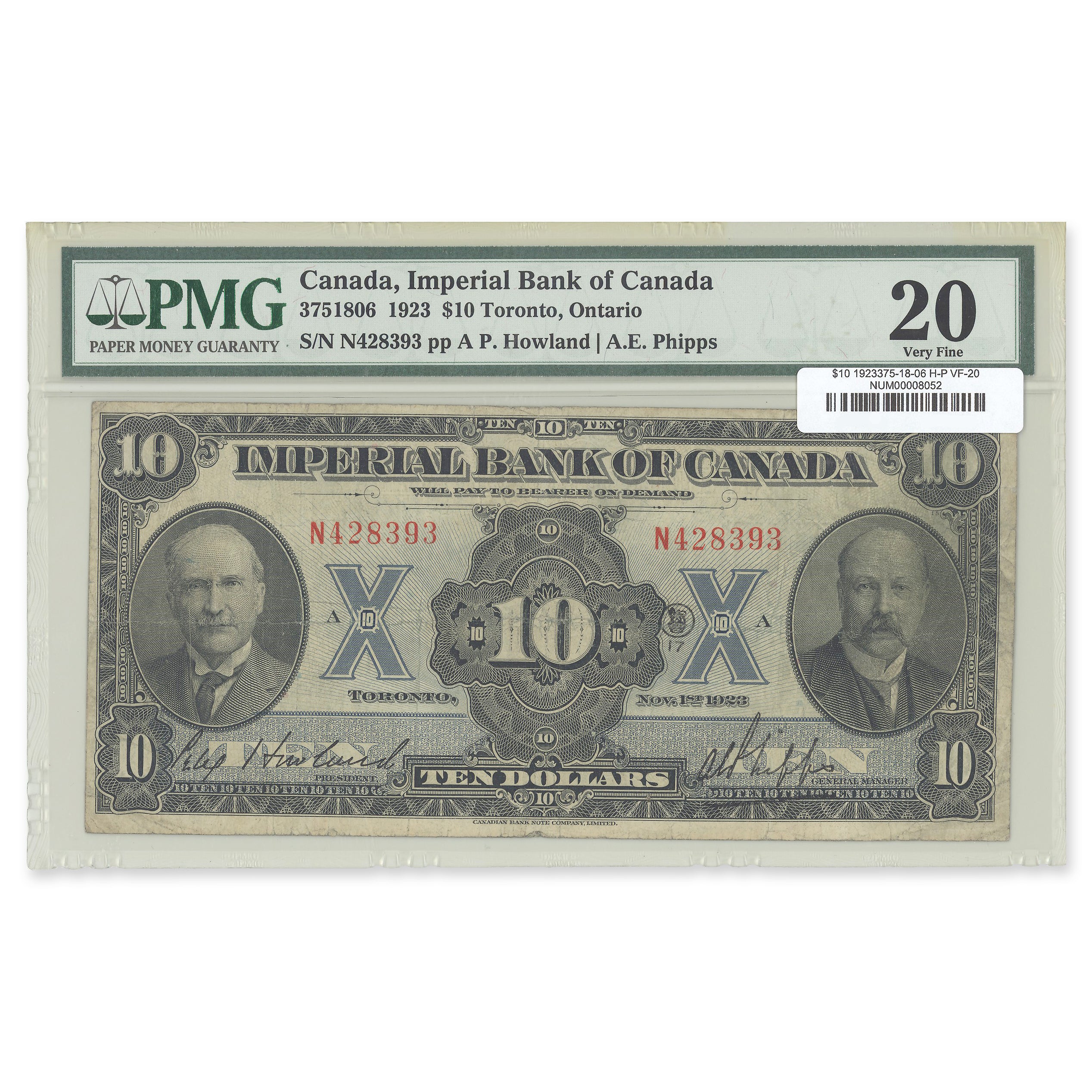 $10 1923 375-18-06 Imperial Bank of Canada Howland-Phipps Prefix N PMG VF-20