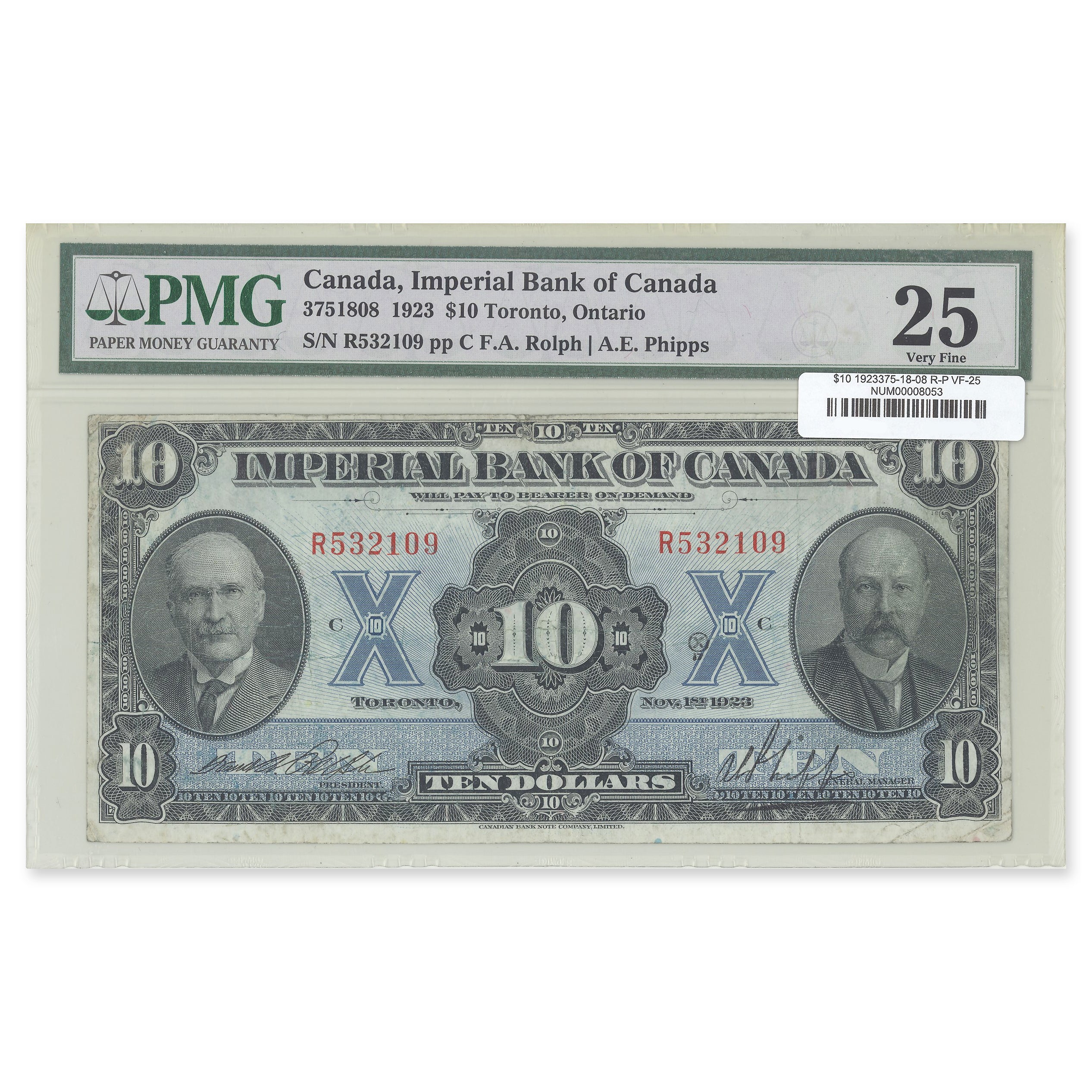 $10 1923 375-18-08 Imperial Bank of Canada Rolph-Phipps Prefix R PMG VF-25