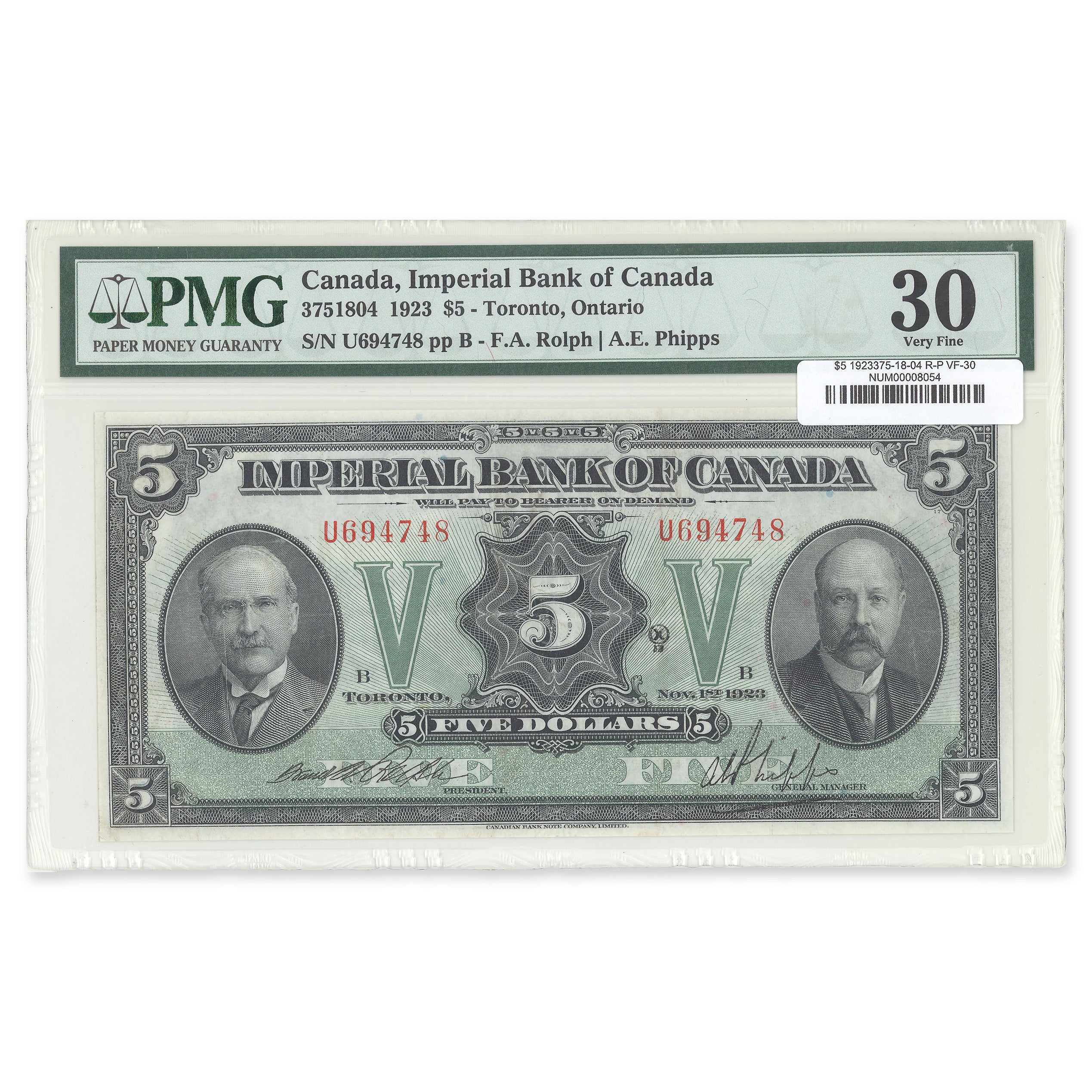 $5 1923 375-18-04 Imperial Bank of Canada Rolph-Phipps Prefix U PMG VF-30