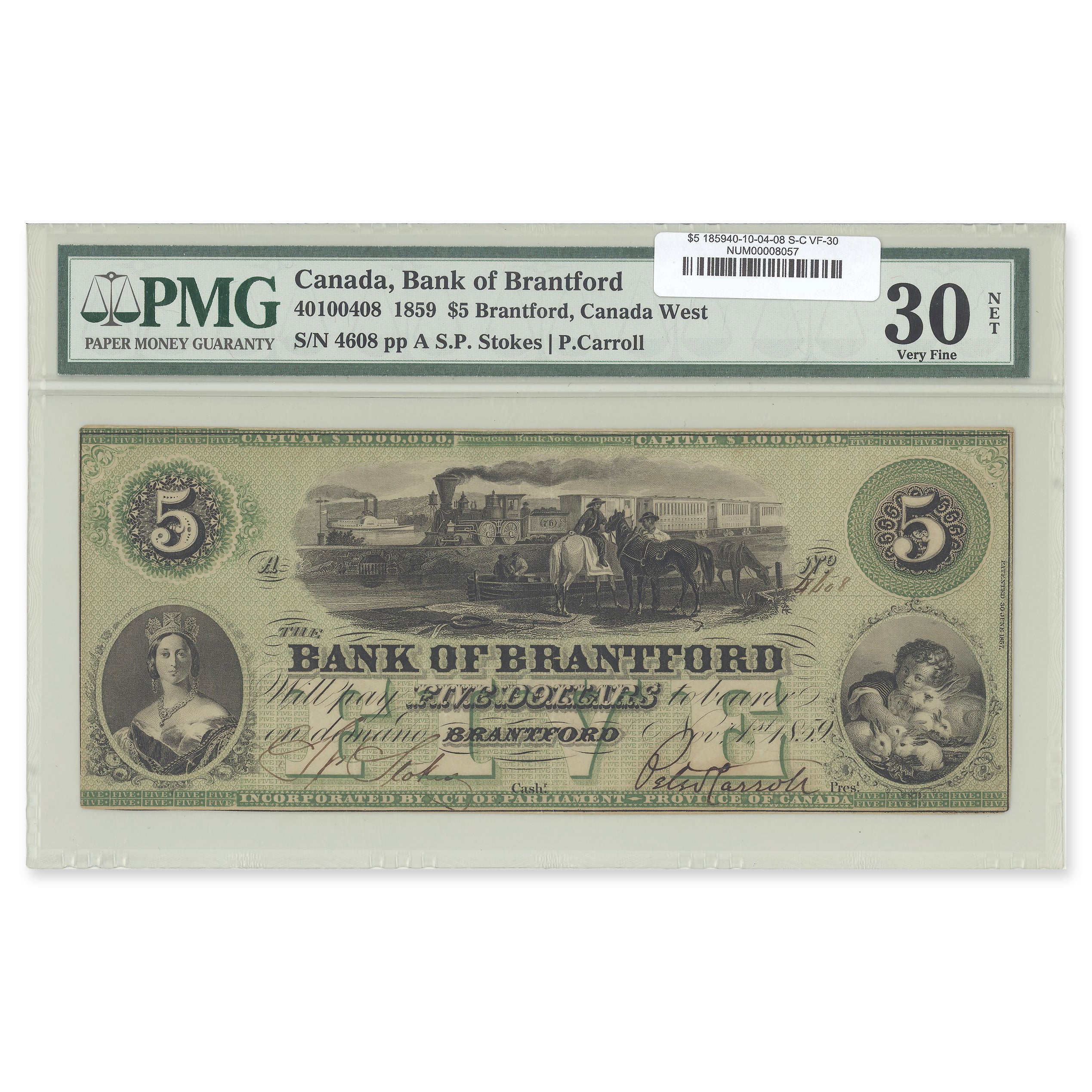 $5 1859 40-10-04-08 Bank of Brantford Stokes-Carroll PMG VF-30