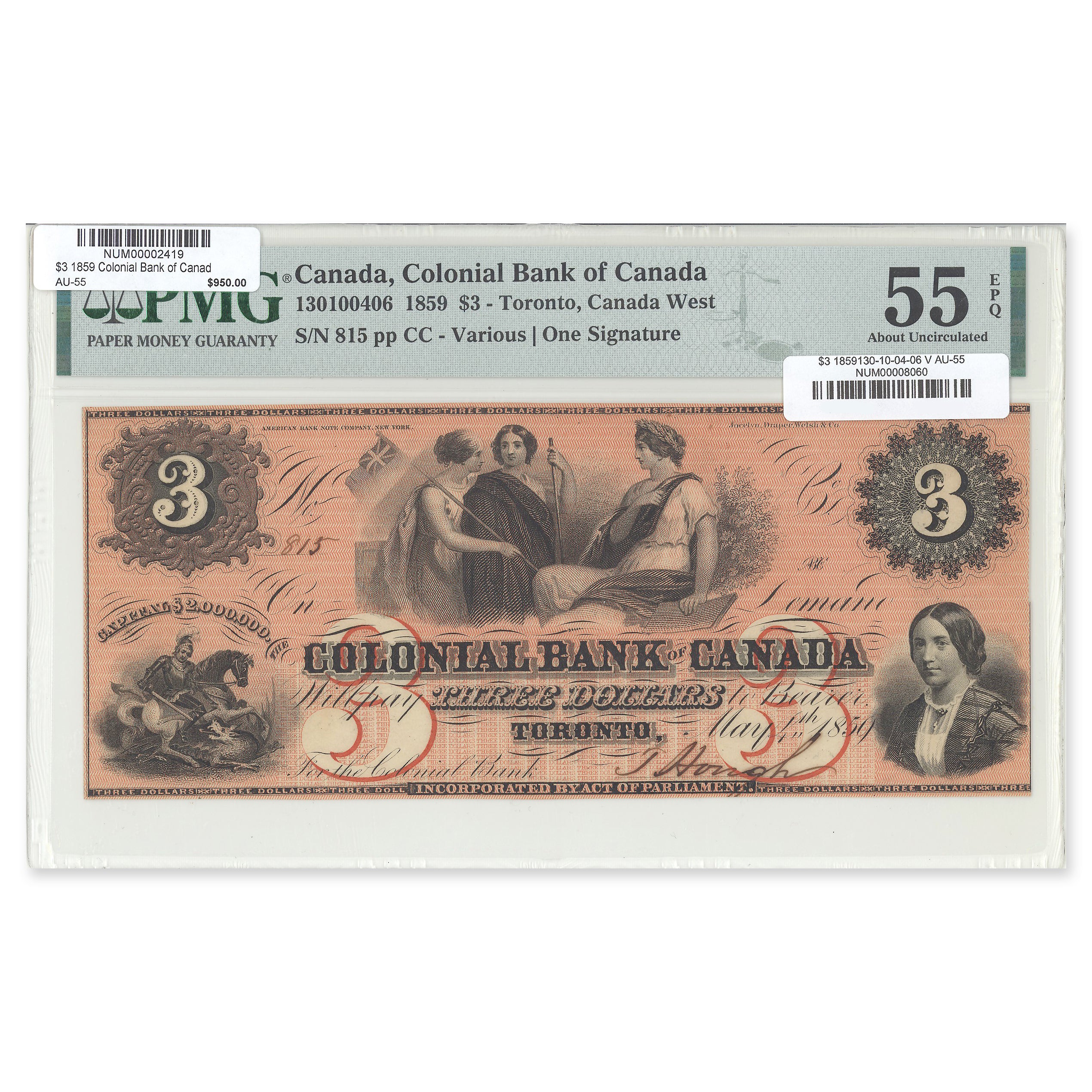 $3 1859 130-10-04-06 Colonial Bank of Canada PMG AU-55