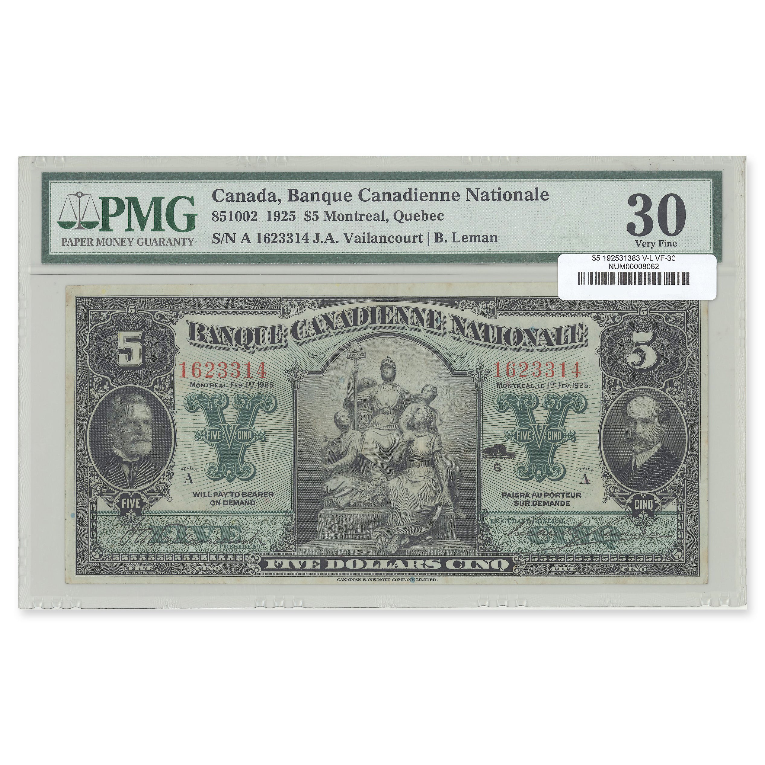 $5 1925 31383 Banque Canadienne National Vailancourt-Leman PMG VF-30