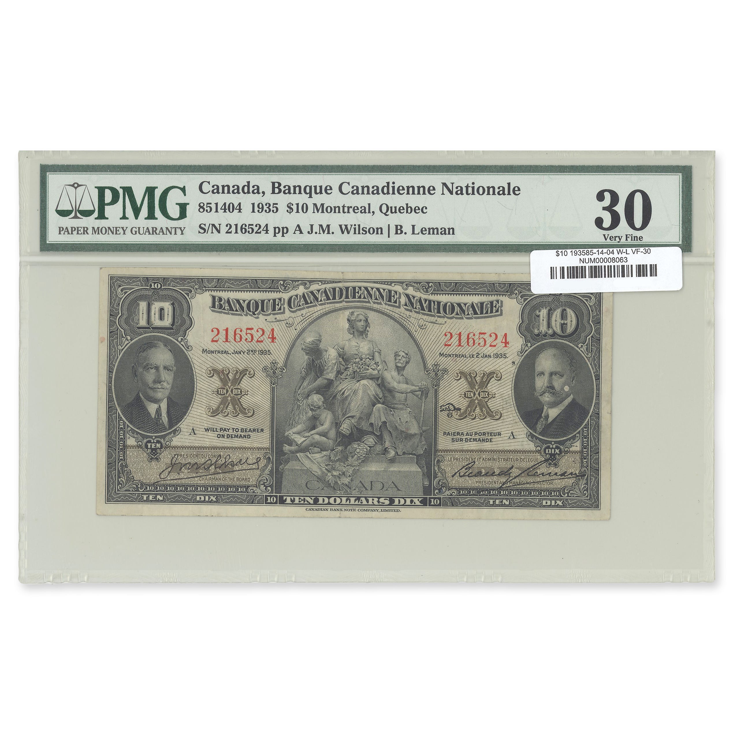 $10 1935 85-14-04 Banque Canadienne National Wilson-Leman PMG VF-30