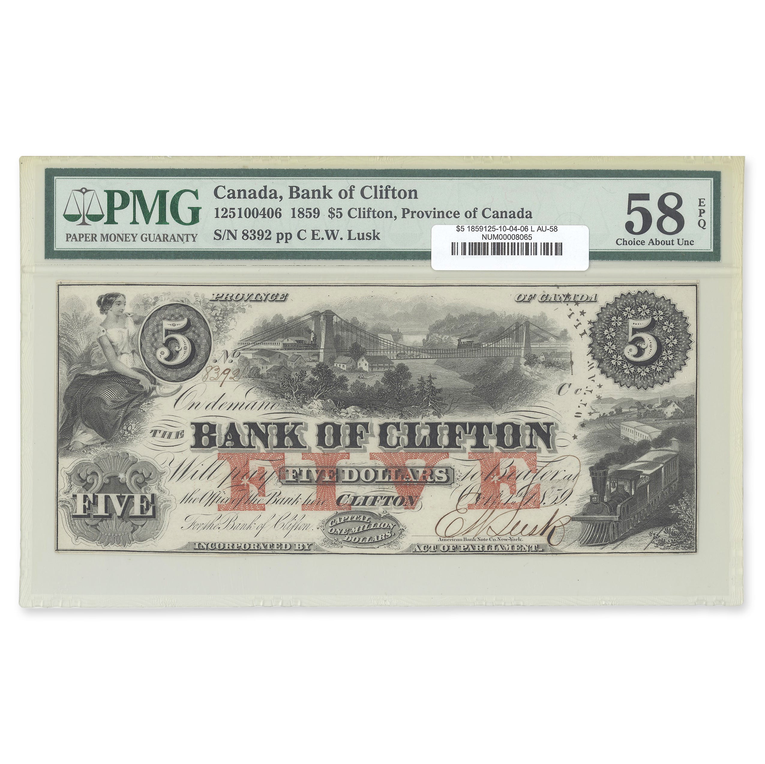 $5 1859 125-10-04-06 Bank of Clifton PMG AU-58