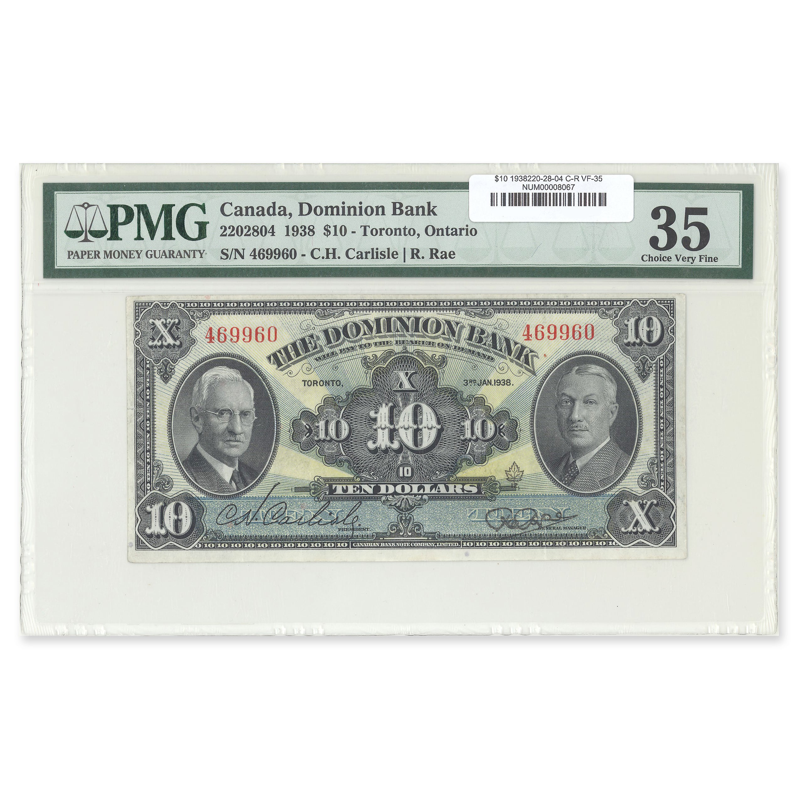 $10 1938 220-28-04 Dominion Bank Carlisle-Rae PMG VF-35