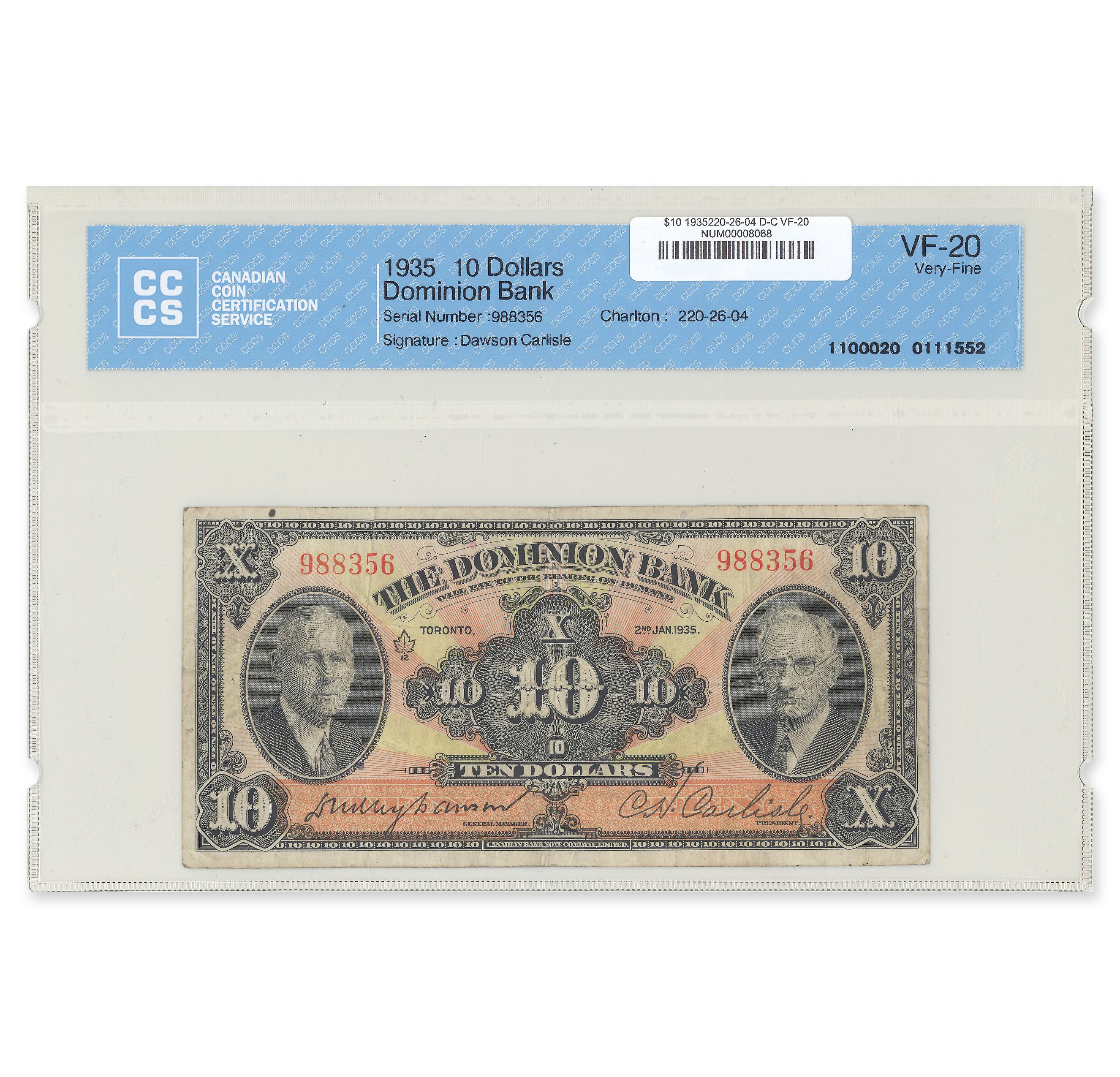 $10 1935 220-26-04 Dominion Bank Dawson-Carlisle CCCS VF-20