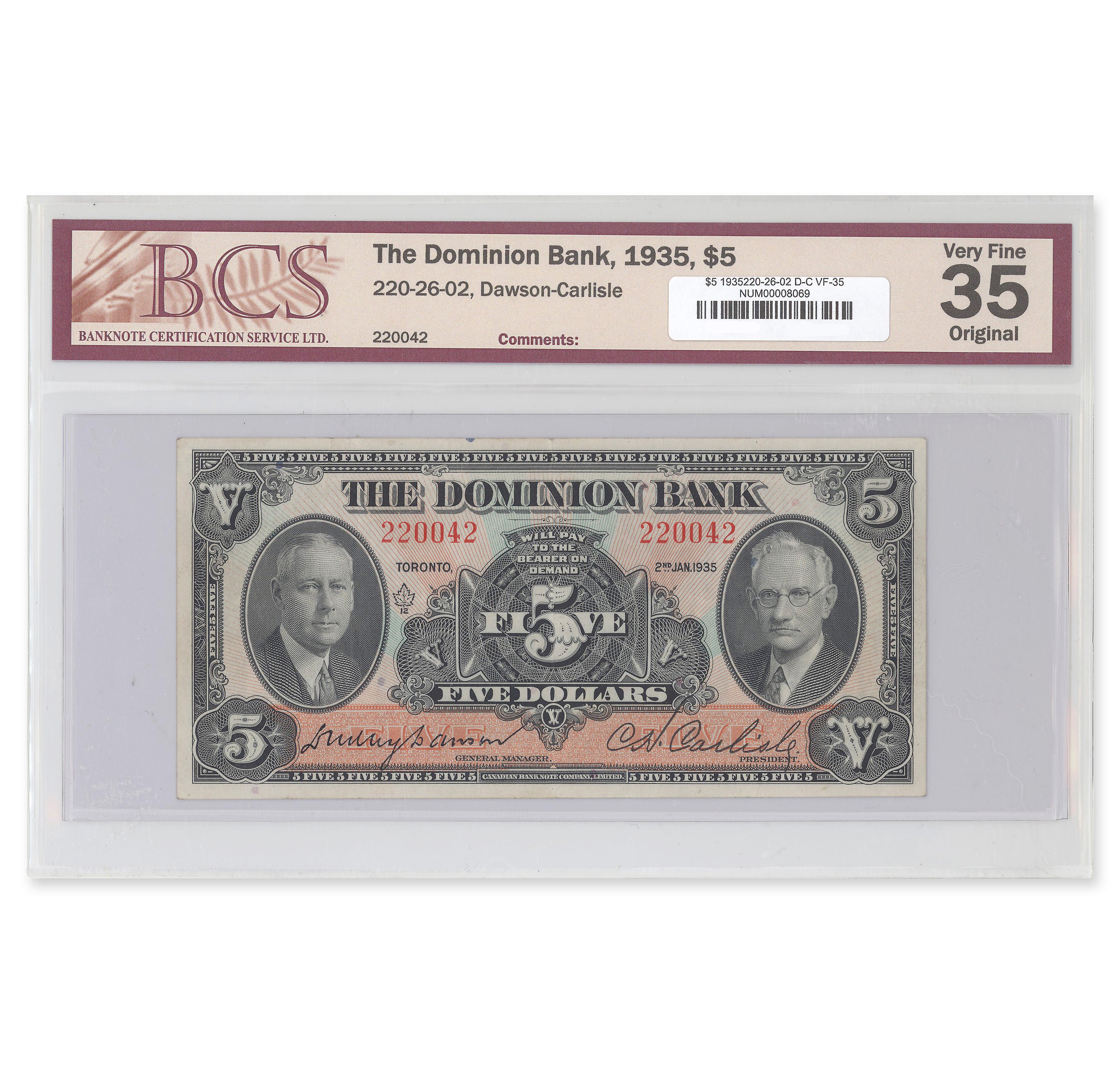 $5 1935 220-26-02 Dominion Bank Dawson-Carlisle BCS VF-35