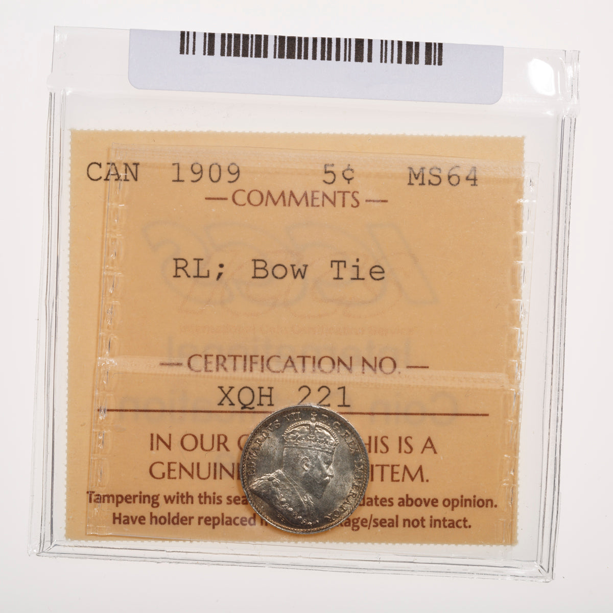 5 Cent 1909 Round Leaves; Bow Tie ICCS MS-64