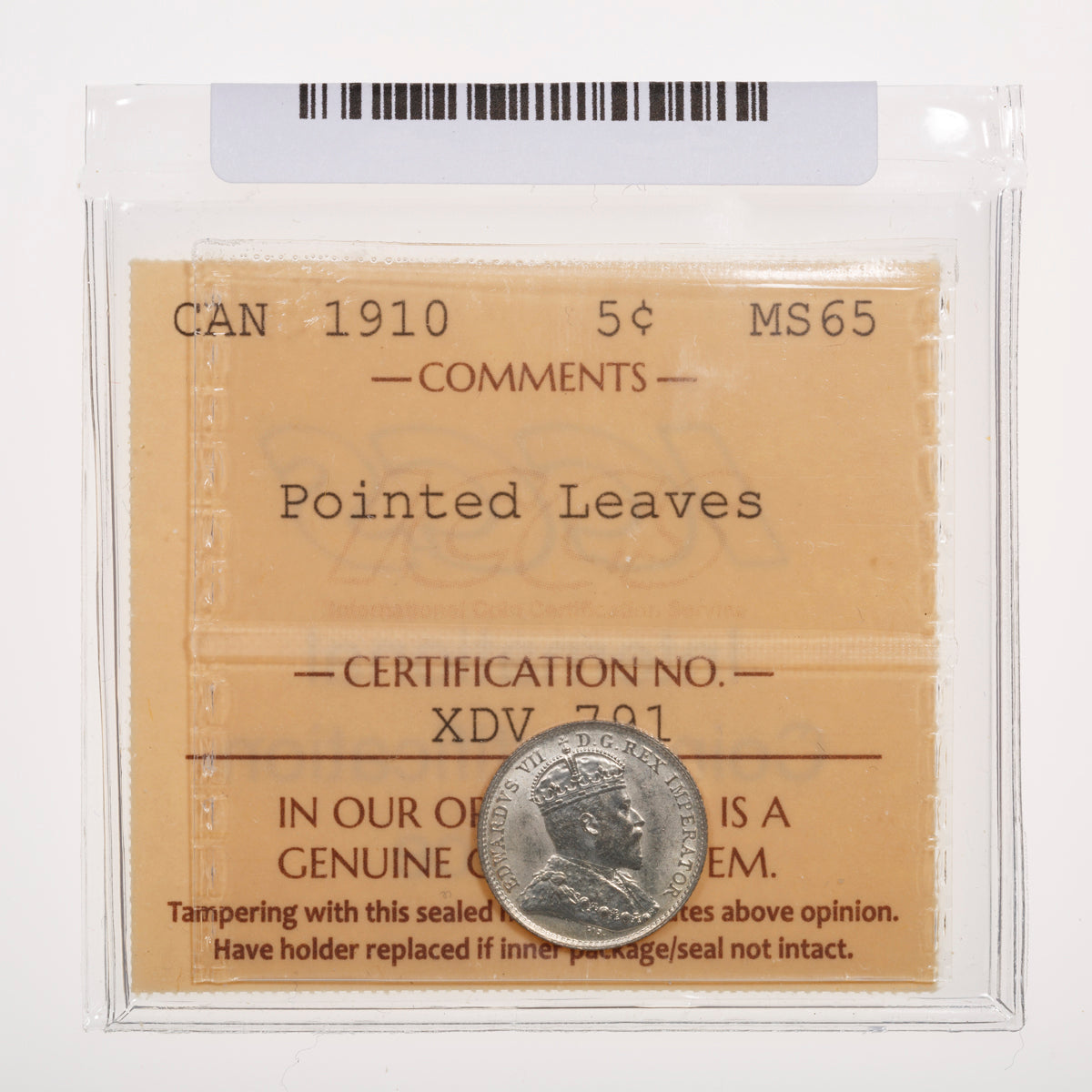 5 Cent 1910 Pointed Leaves ICCS MS-65