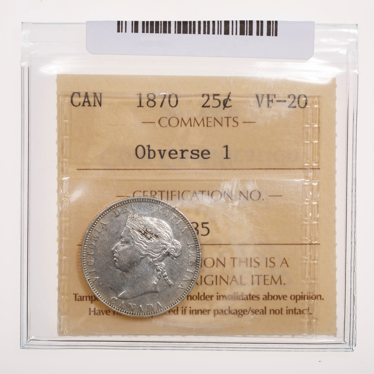 25 Cent 1870 Obverse 1 ICCS VF-20