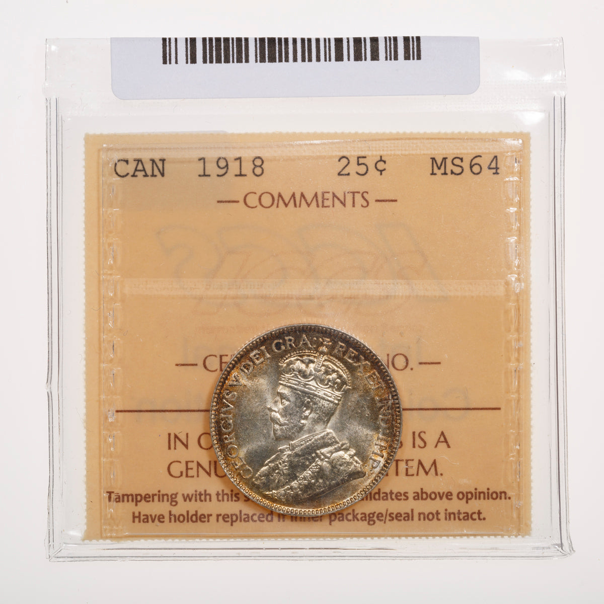25 Cent 1918 ICCS MS-64