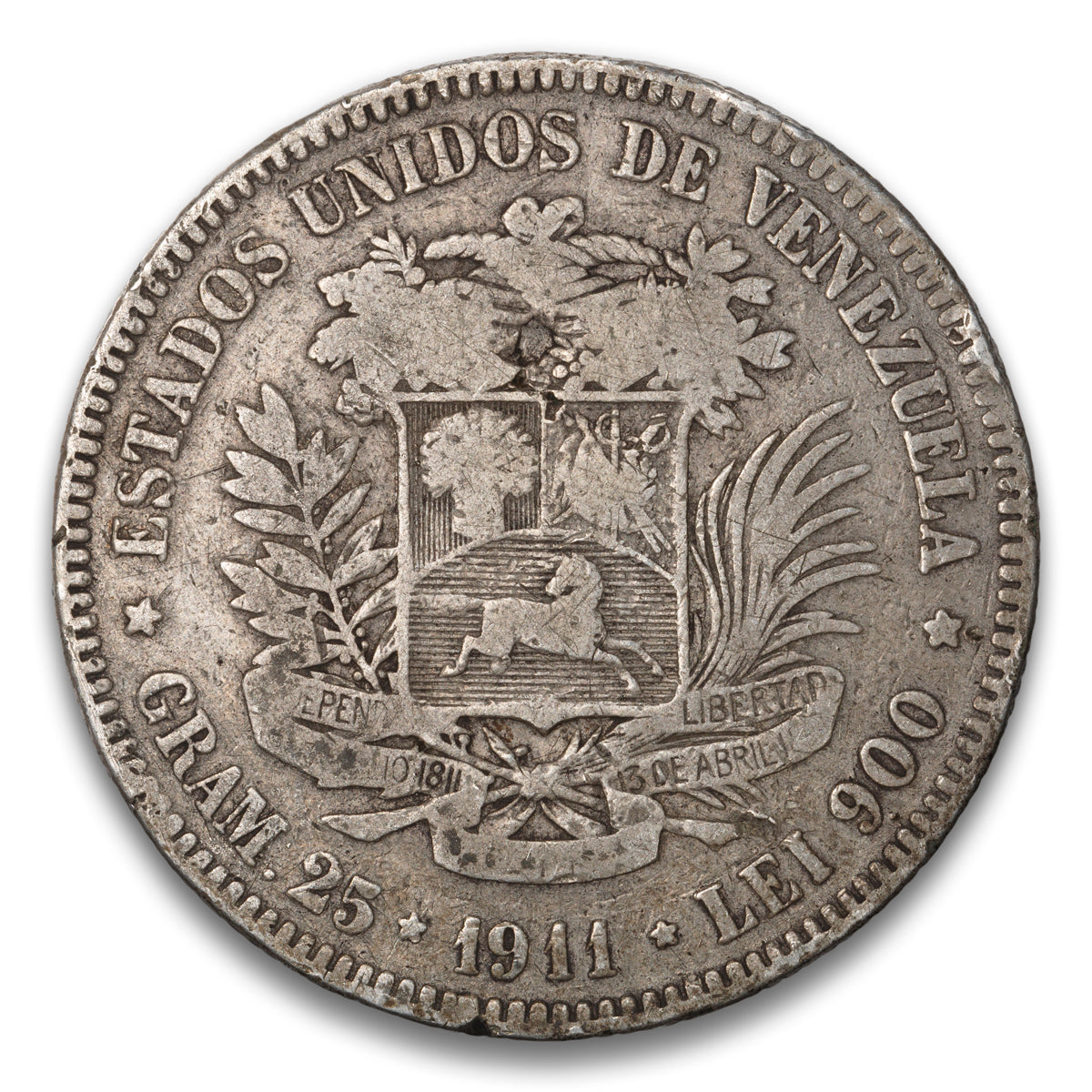 Venezuela Silver 5 Bolivares 1911