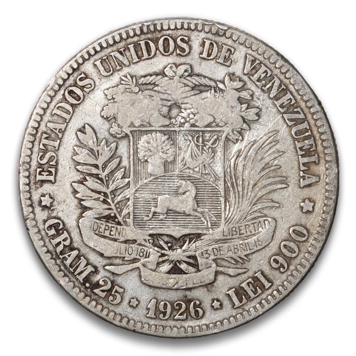 Venezuela Silver 5 Bolivares 1926