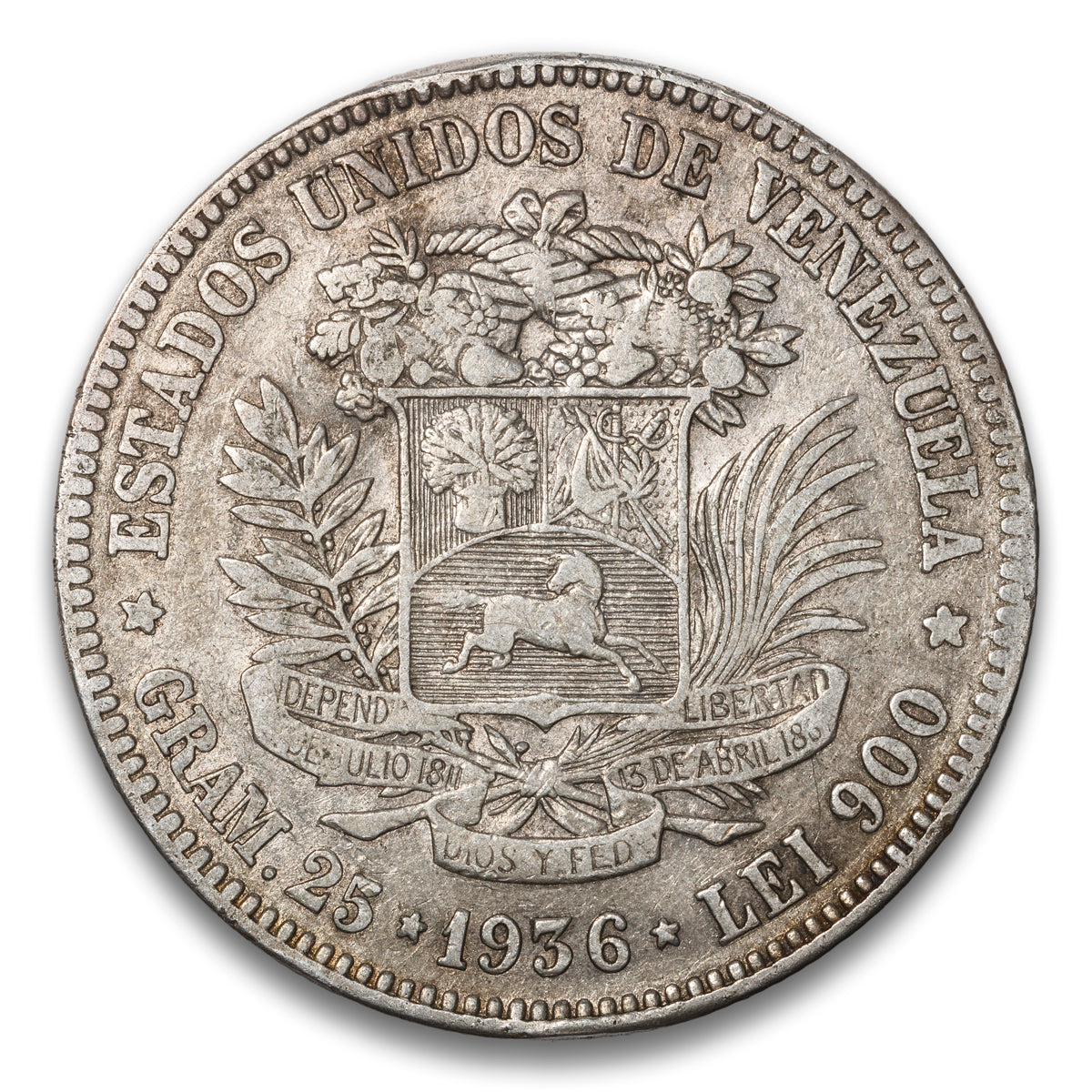 Venezuela Silver 5 Bolivares 1936