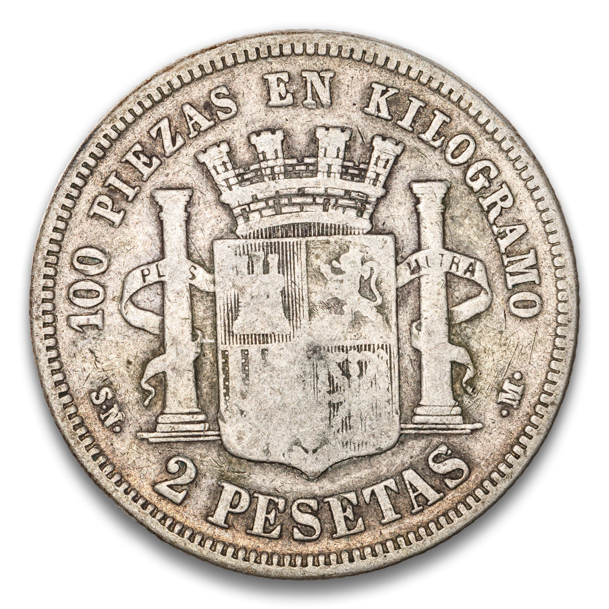 Spain Silver 2 Pesetas 1870 SN M