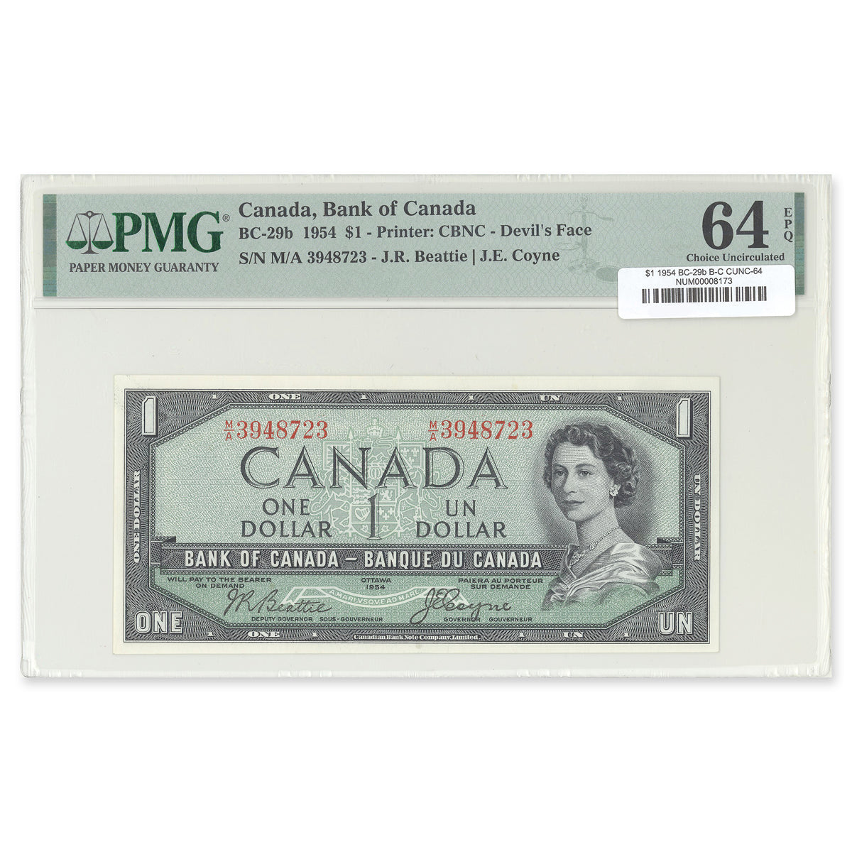 $1 1954 Devil's Face Series BC-29b Beattie-Coyne Prefix M/A PMG CUNC-64 EPQ