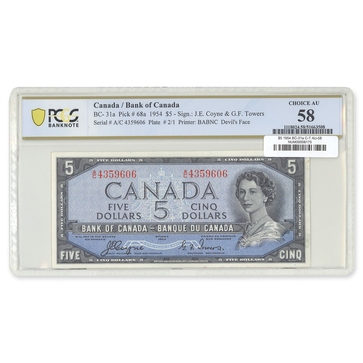 $5 1954 Devil's Face Series BC-31a Coyne-Towers Prefix A/C PCGS AU-58
