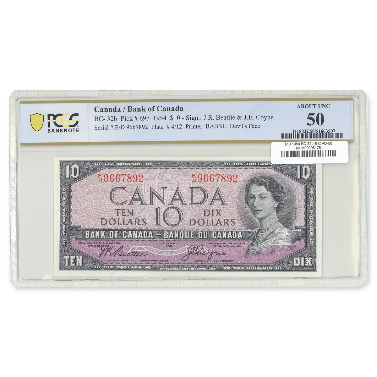 $10 1954 Devil's Face Series BC-32b Beattie-Coyne Prefix E/D PCGS AU-50