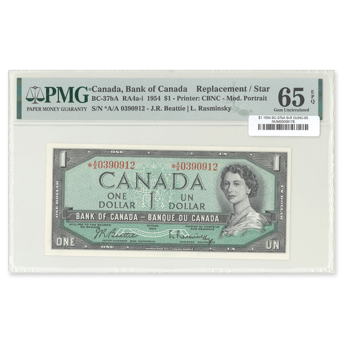 $1 1954 Replacement Modified Series BC-37bA Beattie-Rasminsky Prefix *A/A PMG GUNC-65 EPQ
