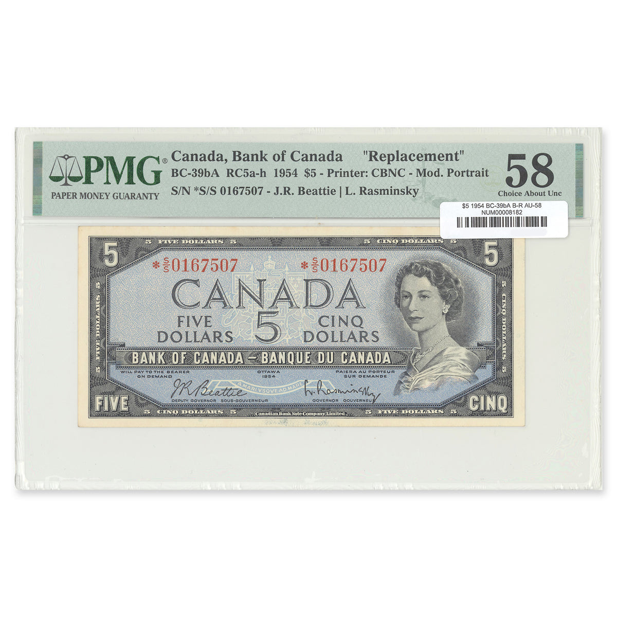 $5 1954Replacement Modified Series BC-39bA Beattie-Rasminsky Prefix *S/S PMG AU-58