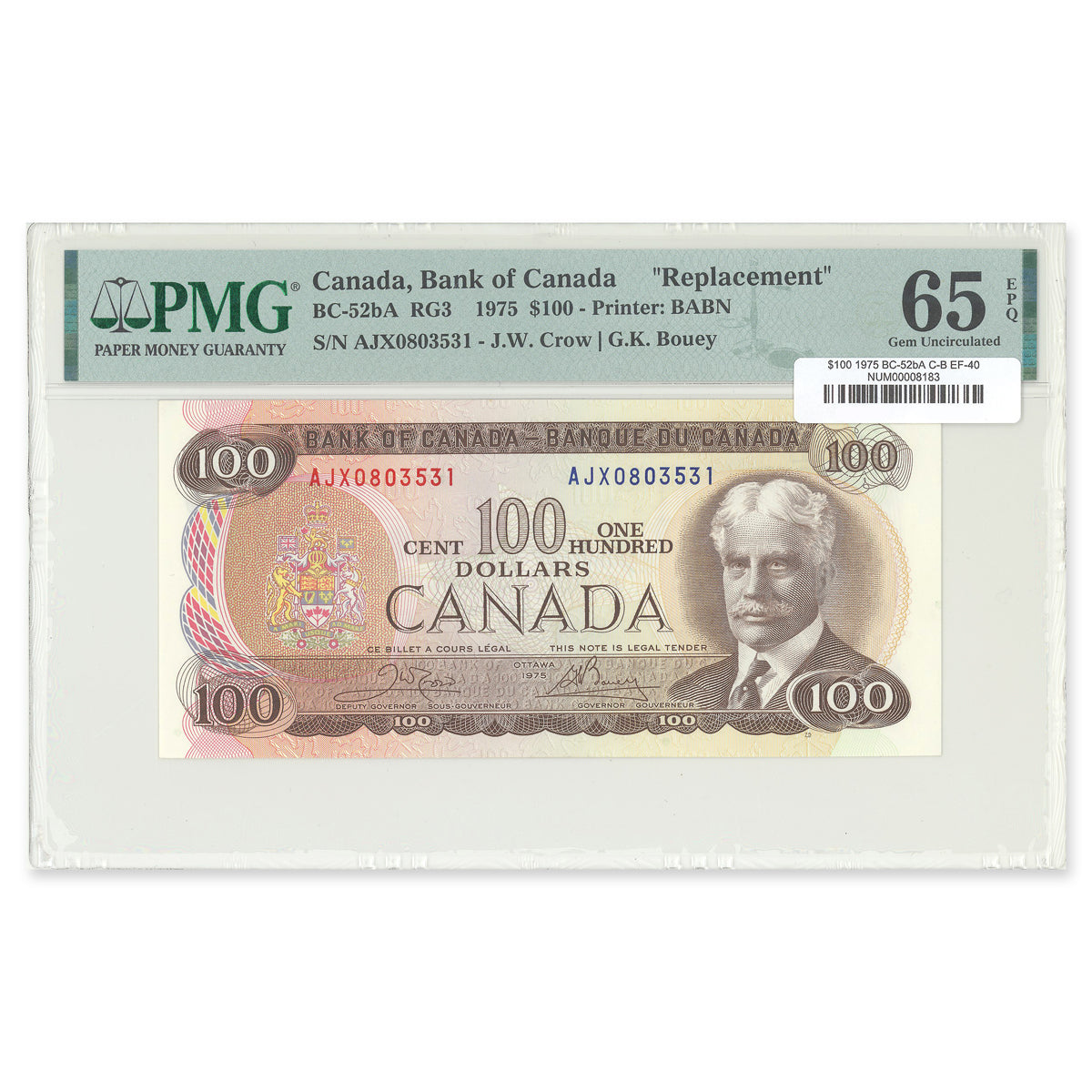 $100 1975Replacement BC-52bA Crow-Bouey Prefix AJX PMG EF-40 EPQ