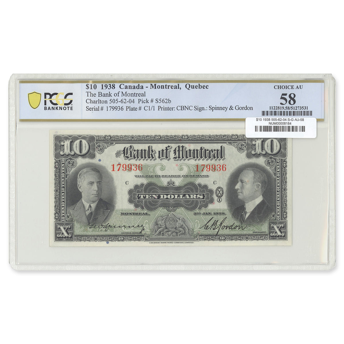 $10 1938 505-62-04 The Bank of Montreal Spinney-Gordon PCGS AU-58