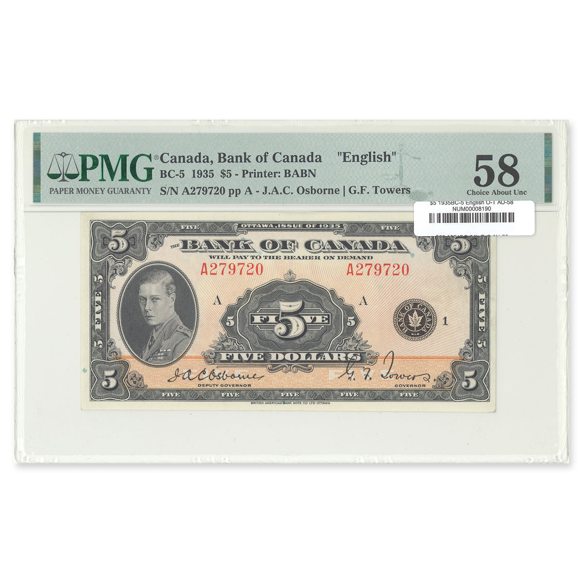 $5 1935 BC-5 English Osborne-Towers Prefix A PMG AU-58