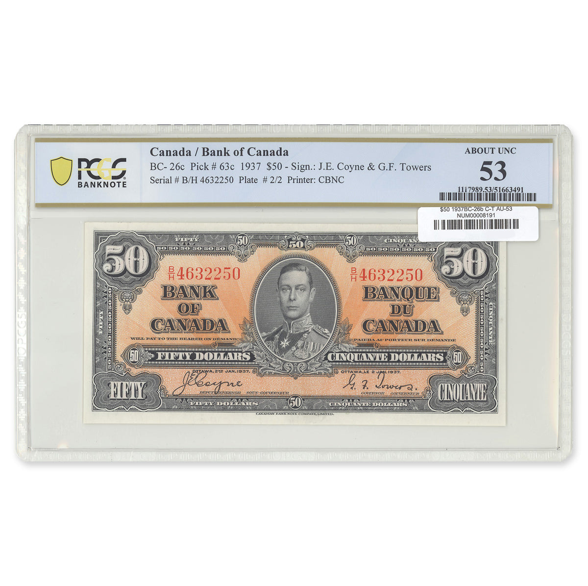 $50 1937 BC-26b Coyne-Towers Prefix B/H PCGS AU-53