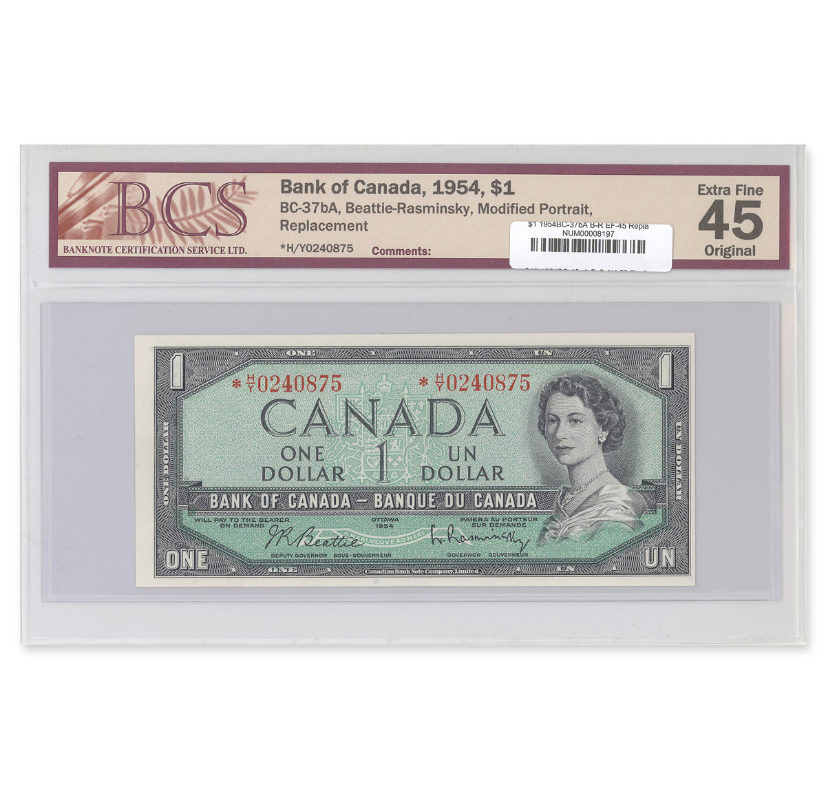 $1 1954 Modified Series BC-37bA Replacement Beattie-Rasminsky Prefix *H/Y BCS EF-45 Original
