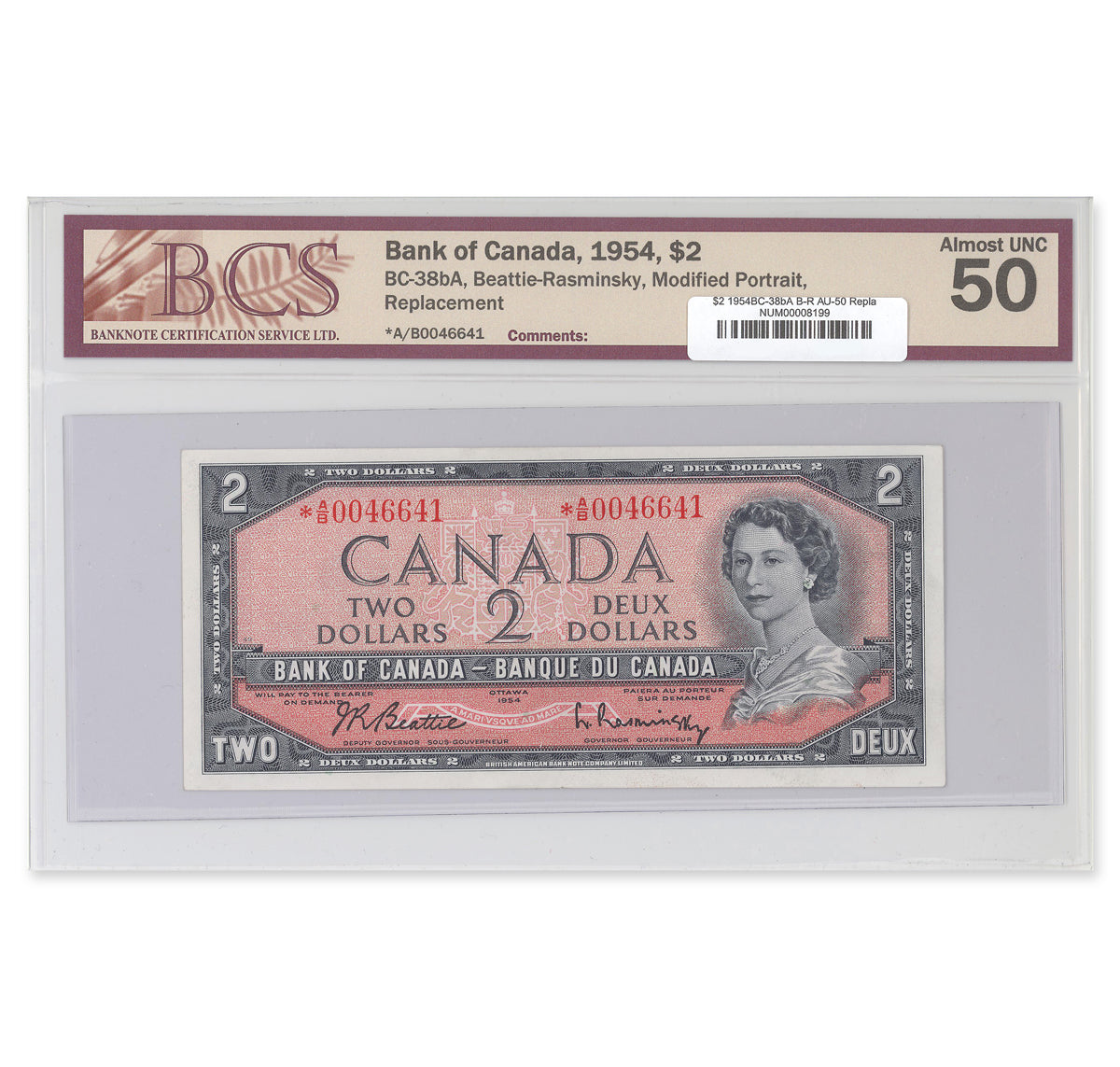 $2 1954 Modified Series BC-38bA Replacement Beattie-Rasminsky Prefix *A/B BCS AU-50