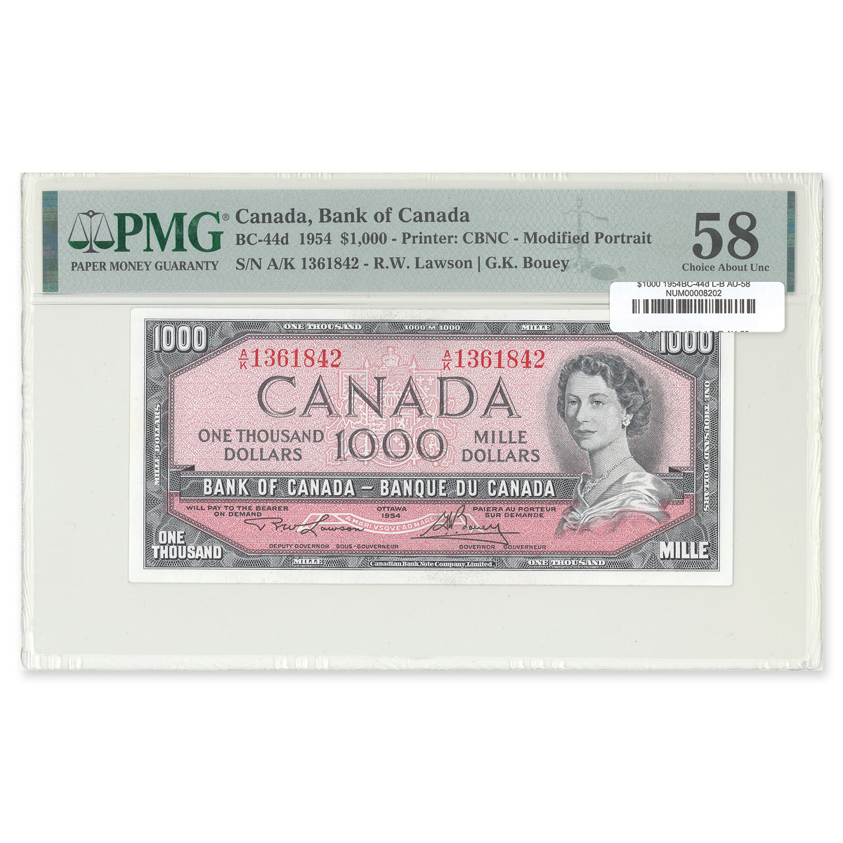 $1000 1954 Modified Series BC-44d Lawson-Bouey Prefix A/K PMG AU-58