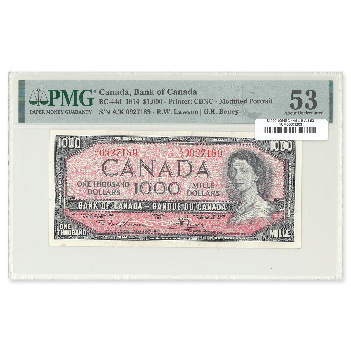 $1000 1954 Modified Series BC-44d Lawson-Bouey Prefix A/K PMG AU-53
