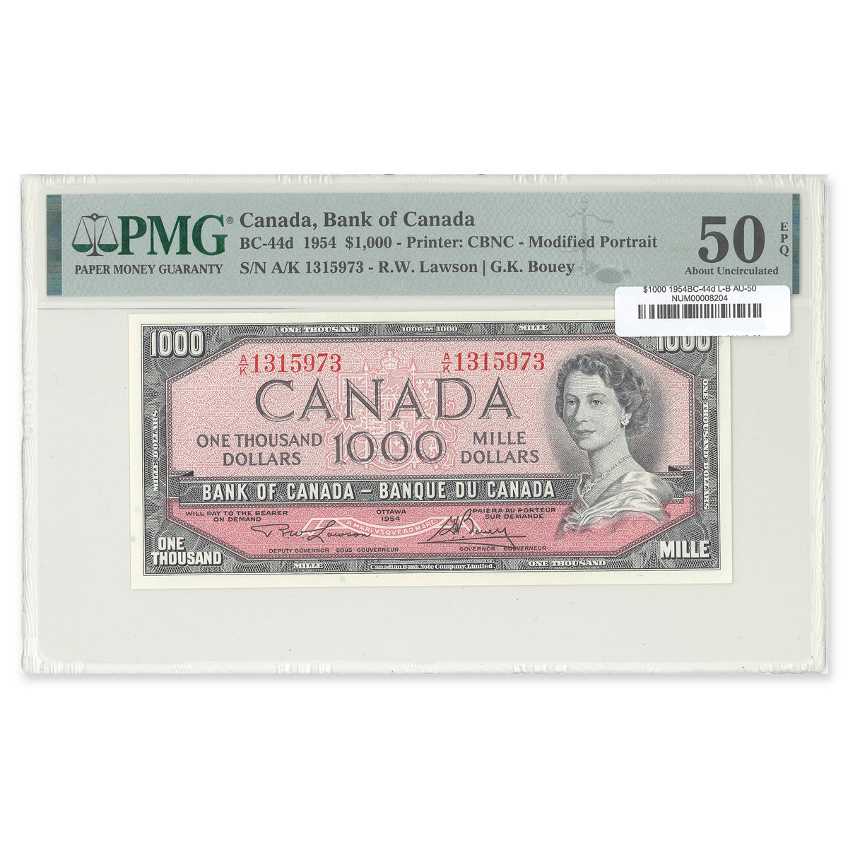 $1000 1954 Modified Series BC-44d Lawson-Bouey Prefix A/K PMG AU-50 EPQ